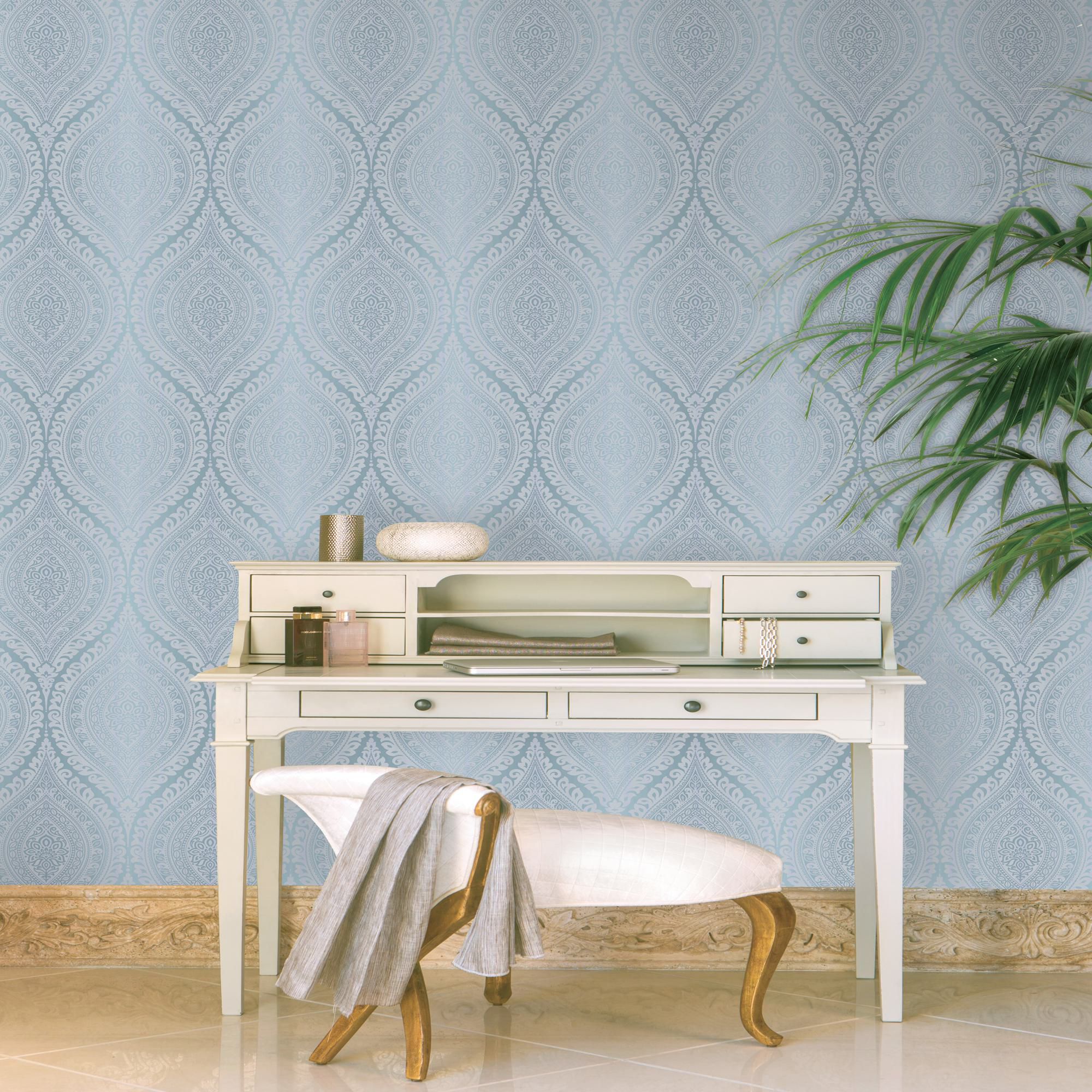 Celosi Blue Metallic effect Damask Textured Wallpaper