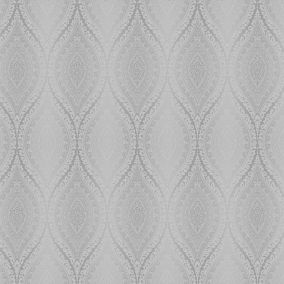 Celosi Grey Metallic effect Damask Textured Wallpaper Sample