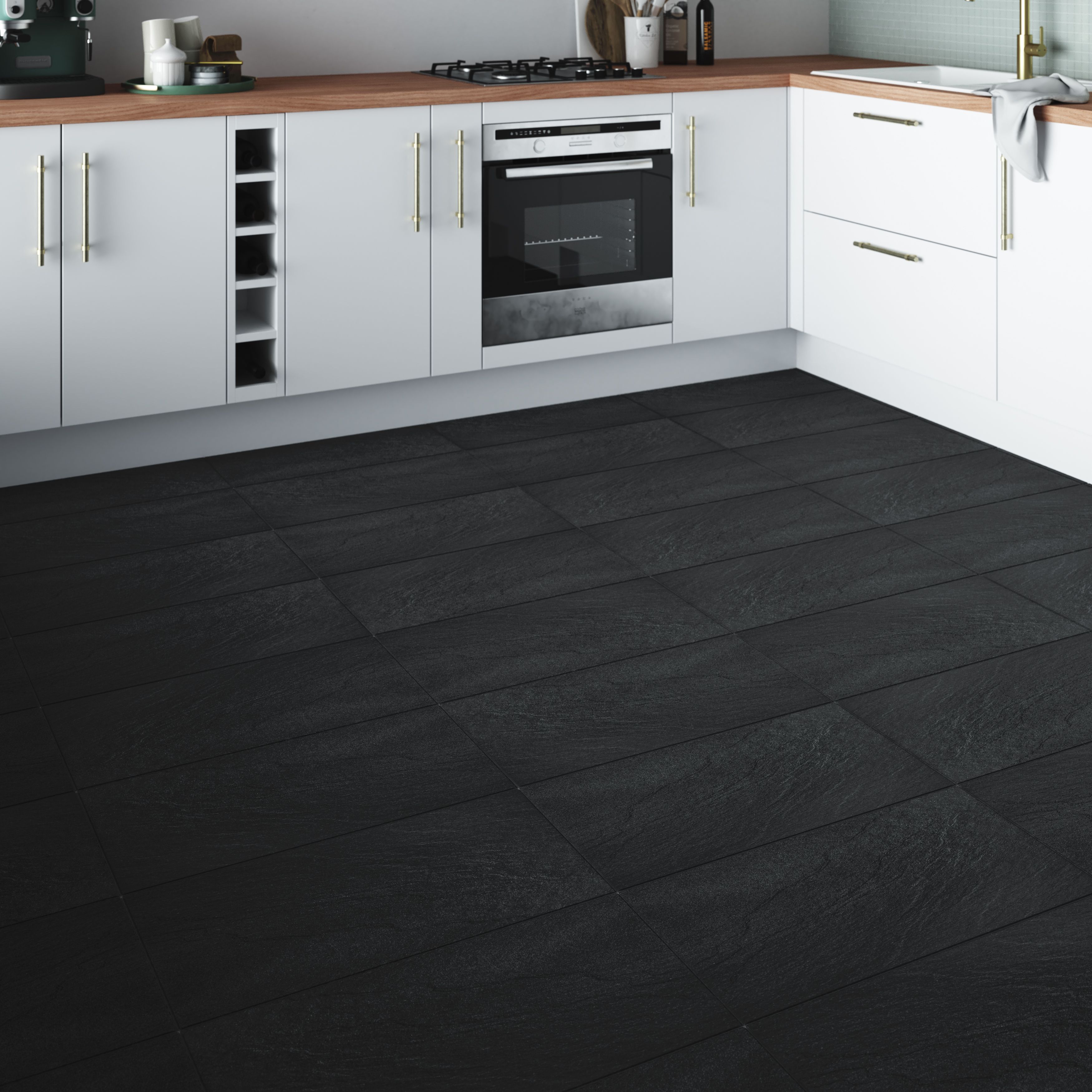 Chambly Black Matt Stone effect Porcelain Wall & floor Tile, Pack of 7, (L)600mm (W)300mm