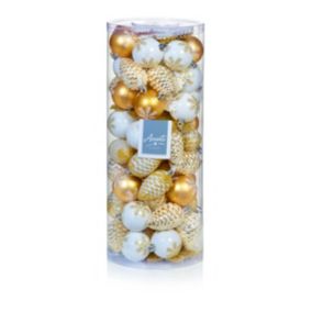Champagne Gold Glitter effect Snowflake & Pinecone Plastic Bauble, Pack of 84