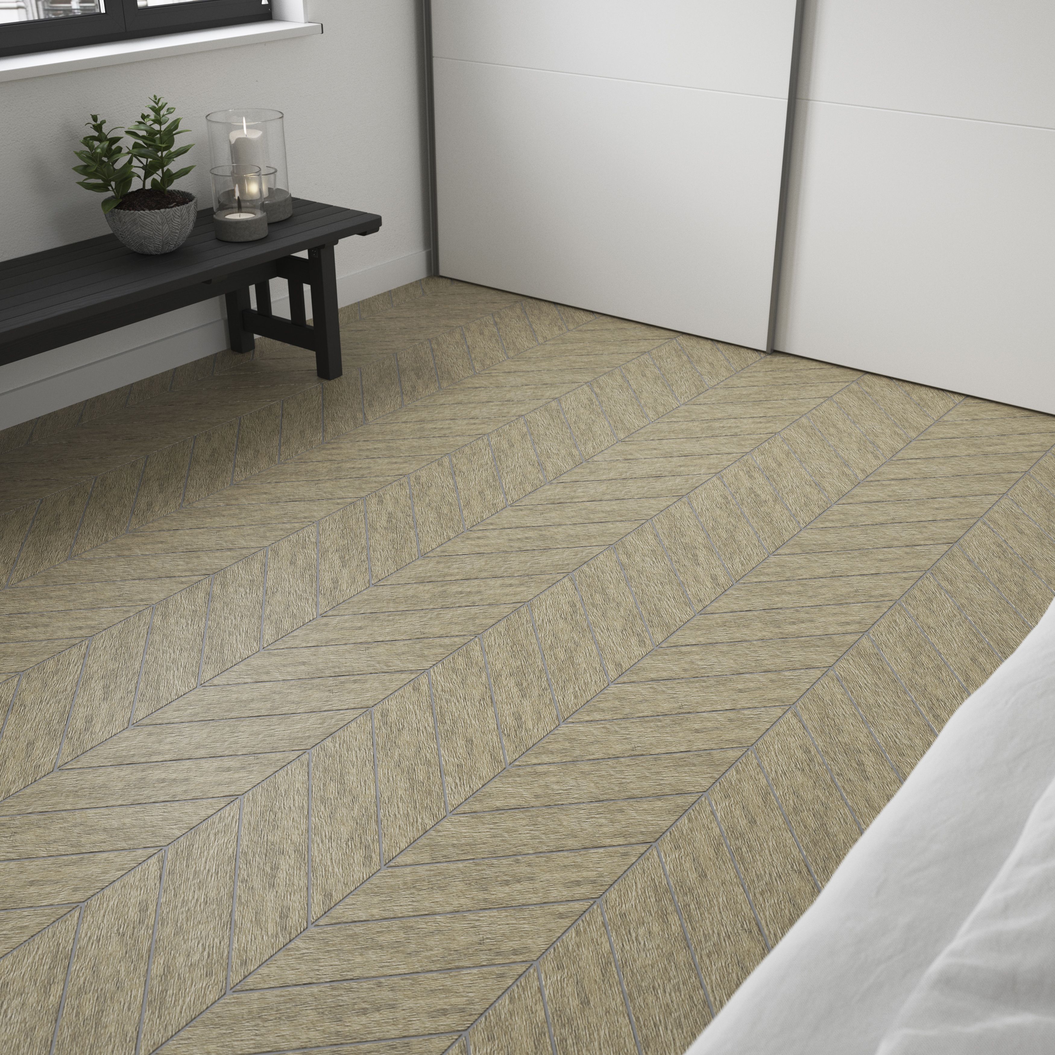 Chevron Light Oak Matt Wood effect Porcelain Wall & floor Tile, Pack of 30, (L)400mm (W)80mm