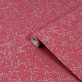 Clarissa Hulse Gypsophila Raspberry & Silver effect Smooth Wallpaper