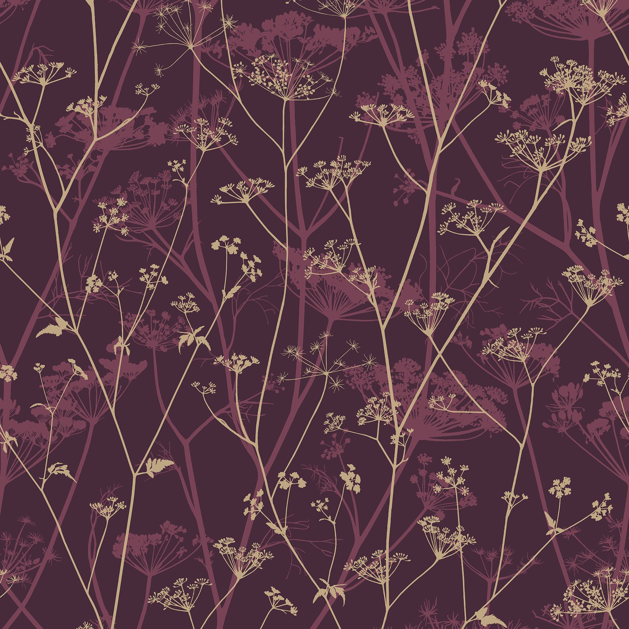 Clarissa Hulse Wild Chervil Damson Pink & Gold effect Smooth Wallpaper