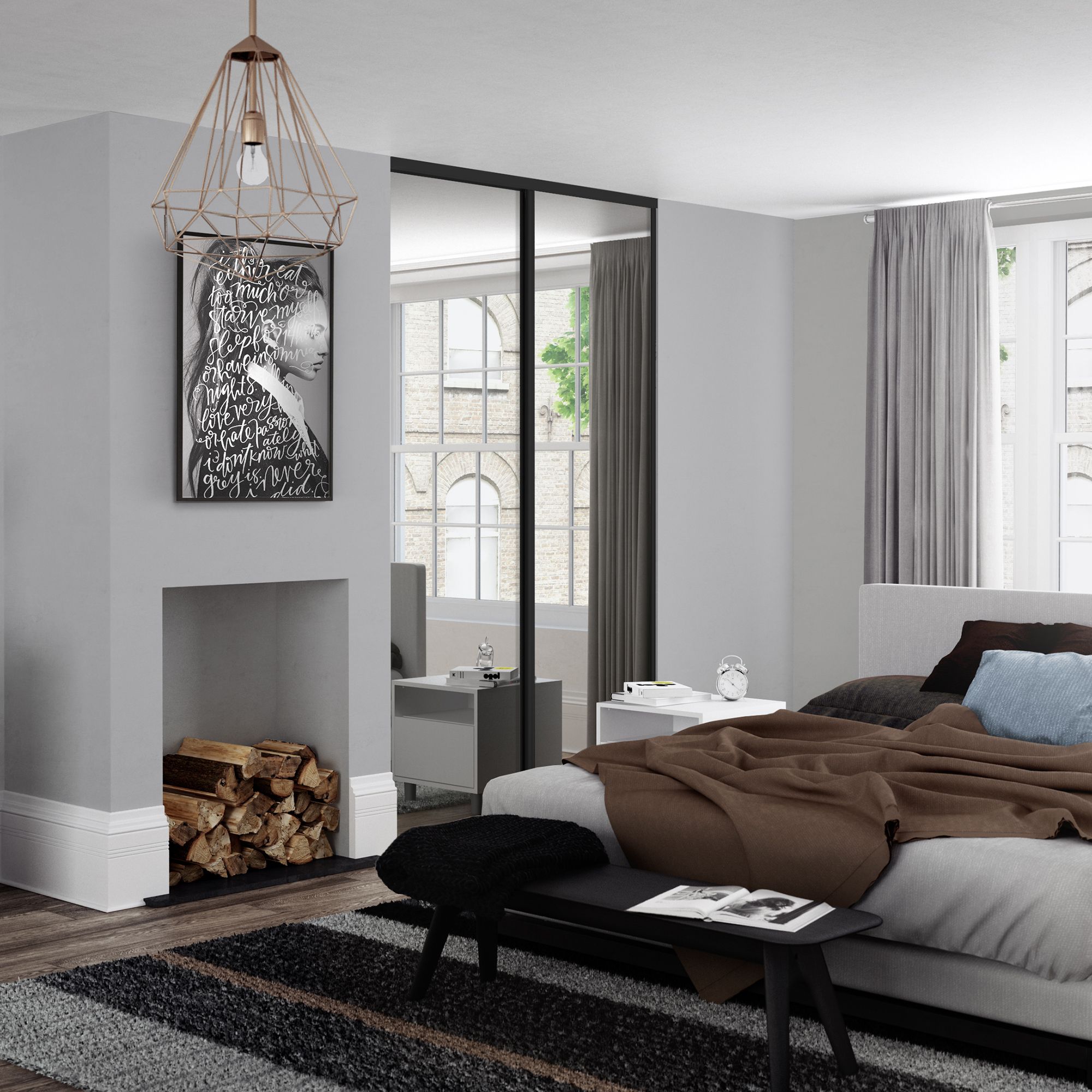 Classic Mirrored Black 2 door Sliding Wardrobe Door kit (H)2260mm (W)1489mm
