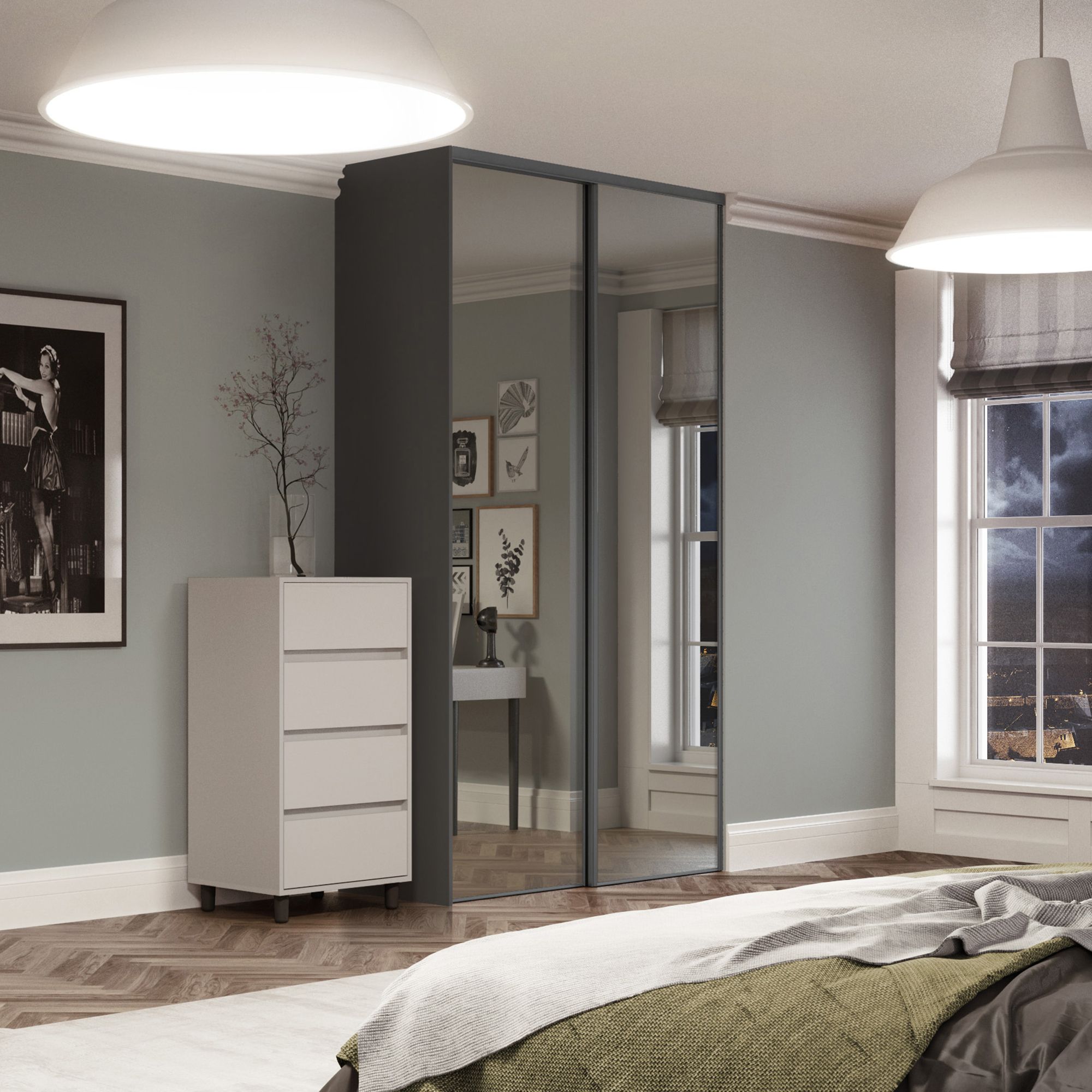 Classic Panelled Mirrored Graphite 2 door Sliding Wardrobe Door kit (H)2260mm (W)1793mm