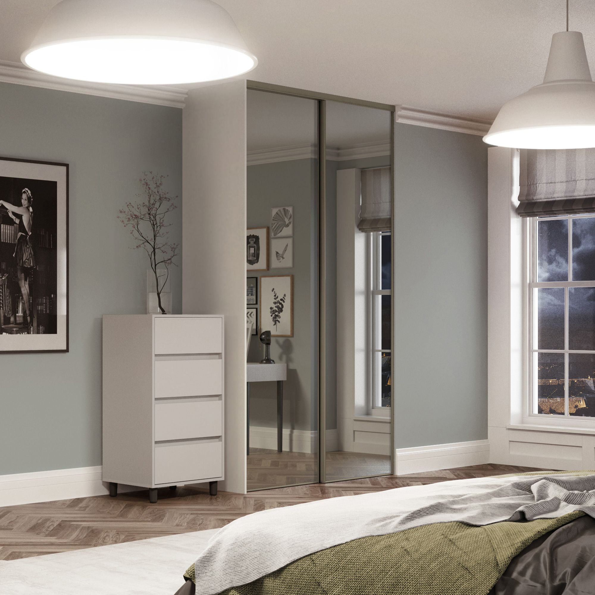 Classic Panelled Mirrored Nickel 2 door Sliding Wardrobe Door kit (H)2260mm (W)1185mm