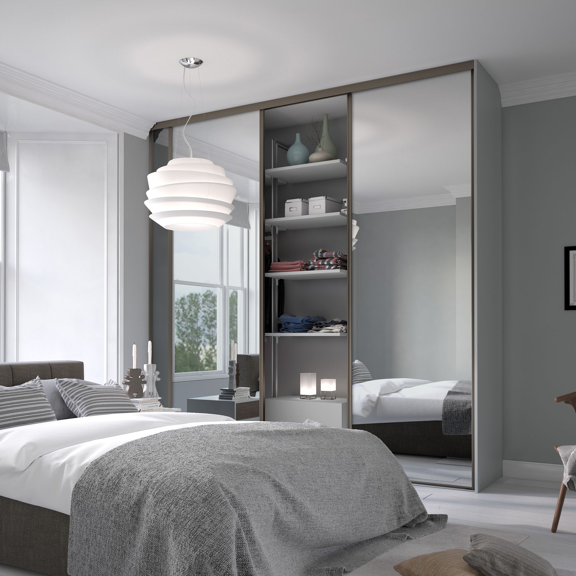 Classic Panelled Mirrored Nickel 3 door Sliding Wardrobe Door kit (H)2260mm (W)1803mm