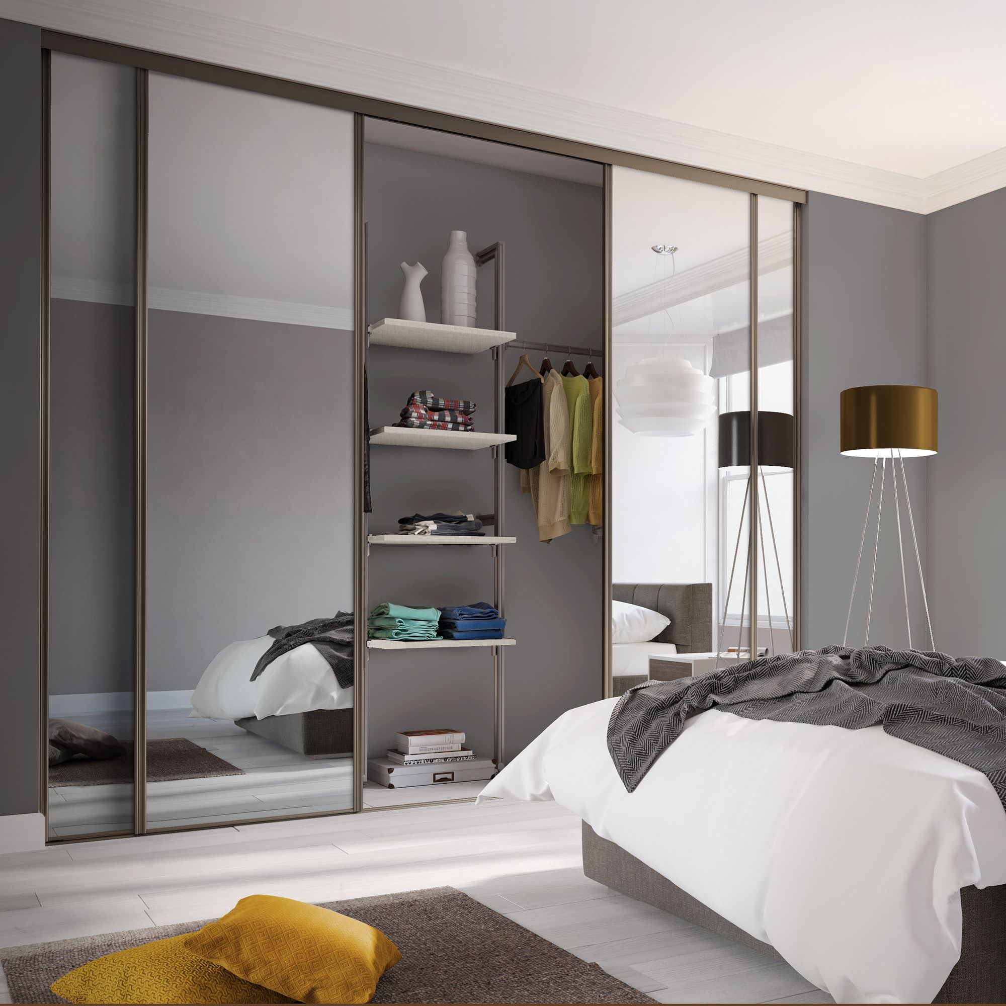 Classic Panelled Mirrored Nickel 4 door Sliding Wardrobe Door kit (H)2260mm (W)3586mm