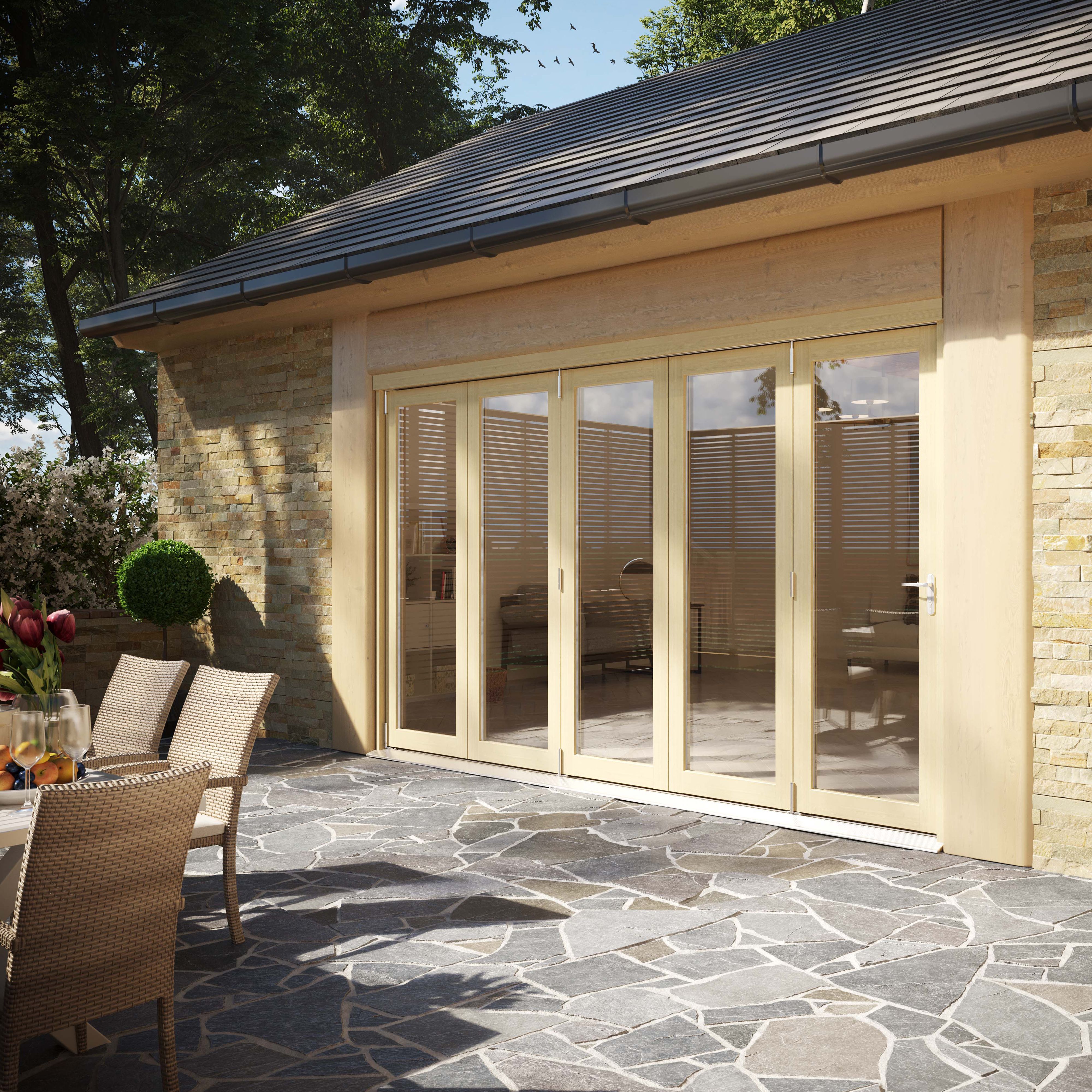 Clear Glazed Softwood Clear pine veneer External Modern 5 Sliding Bi-fold Patio door, (H)2090mm (W)3590mm