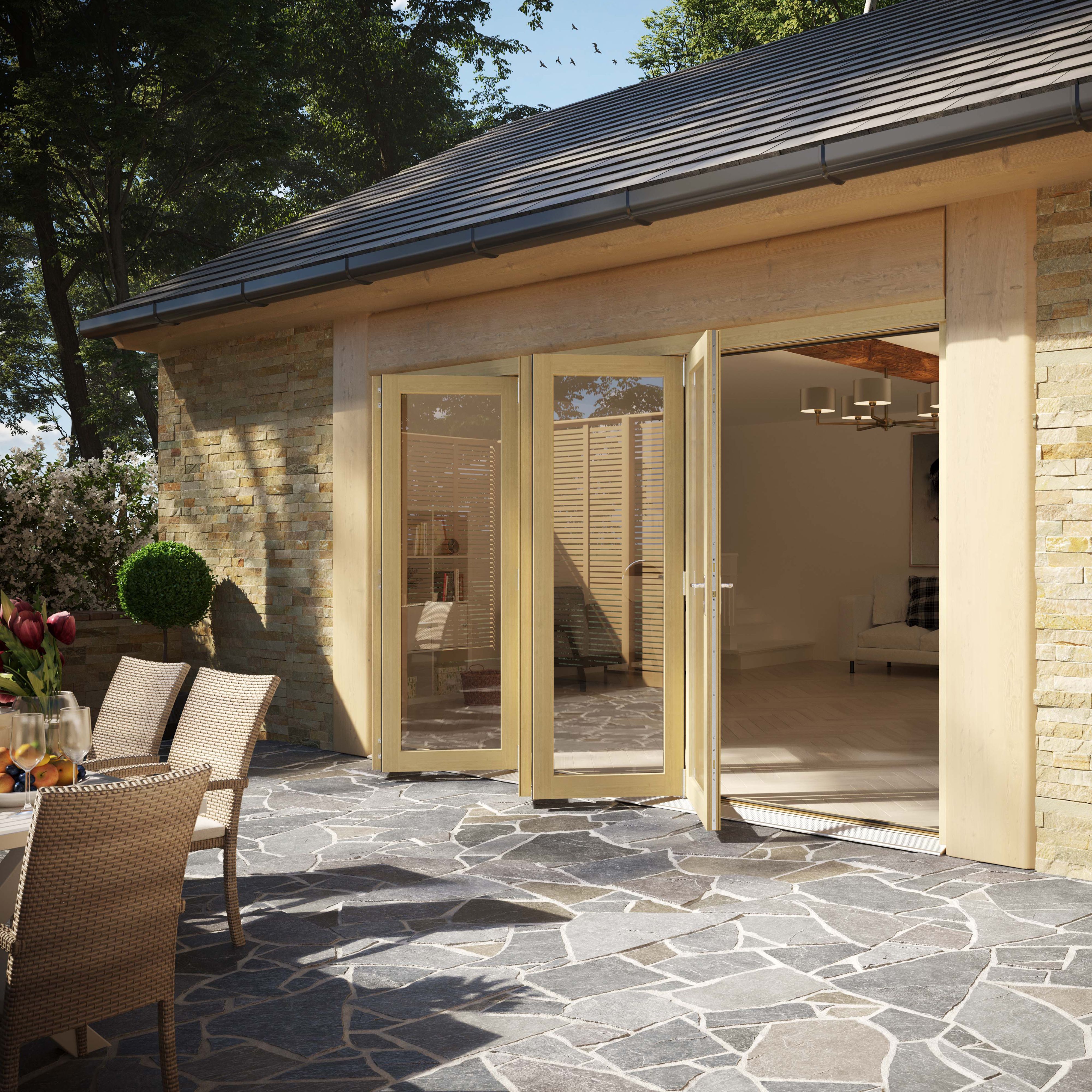 Clear Glazed Softwood Clear pine veneer External Modern 5 Sliding Bi-fold Patio door, (H)2090mm (W)3590mm