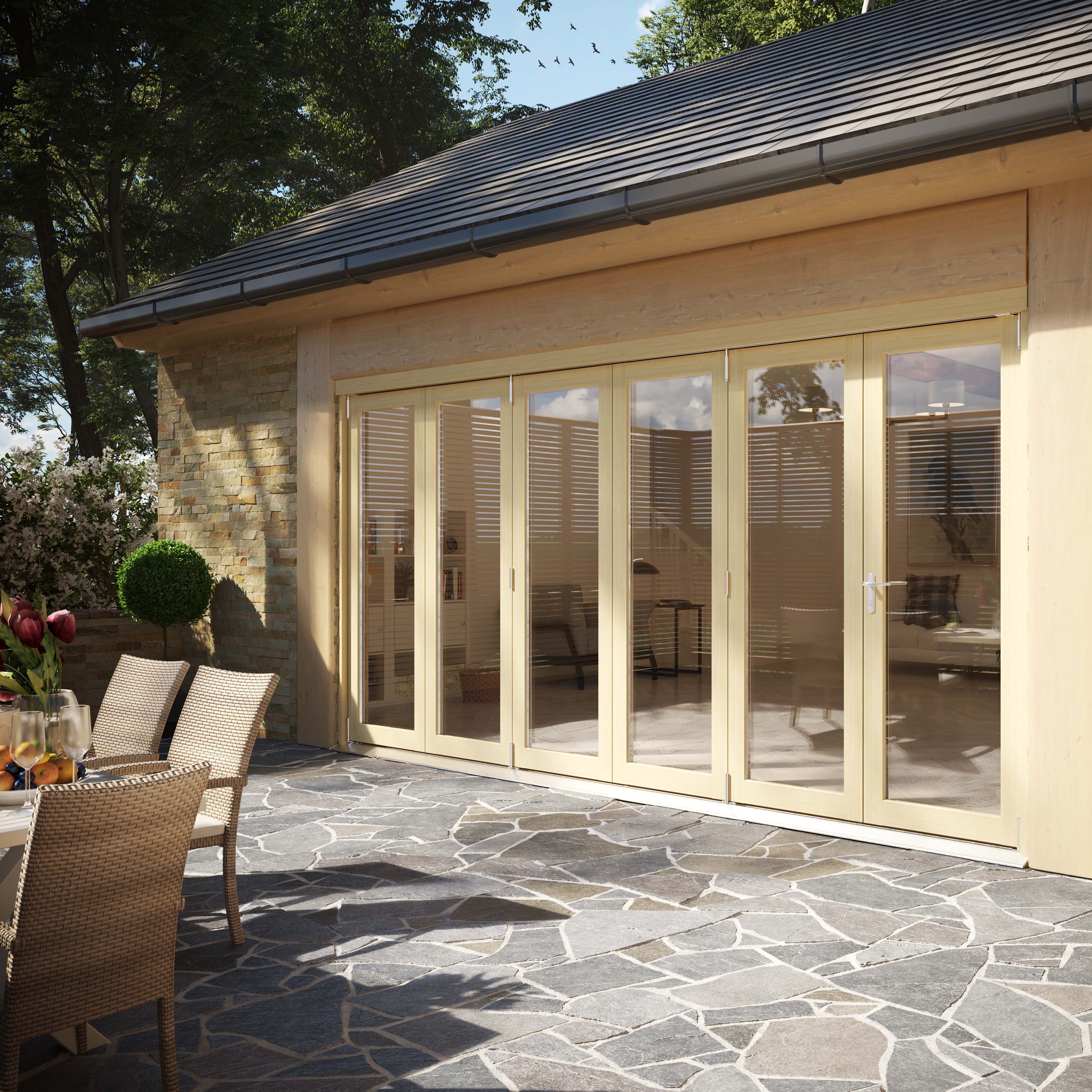 Clear Glazed Softwood Clear pine veneer External Modern 6 5L1R / 5R1L Sliding Bi-fold Patio door, (H)2090mm (W)4190mm