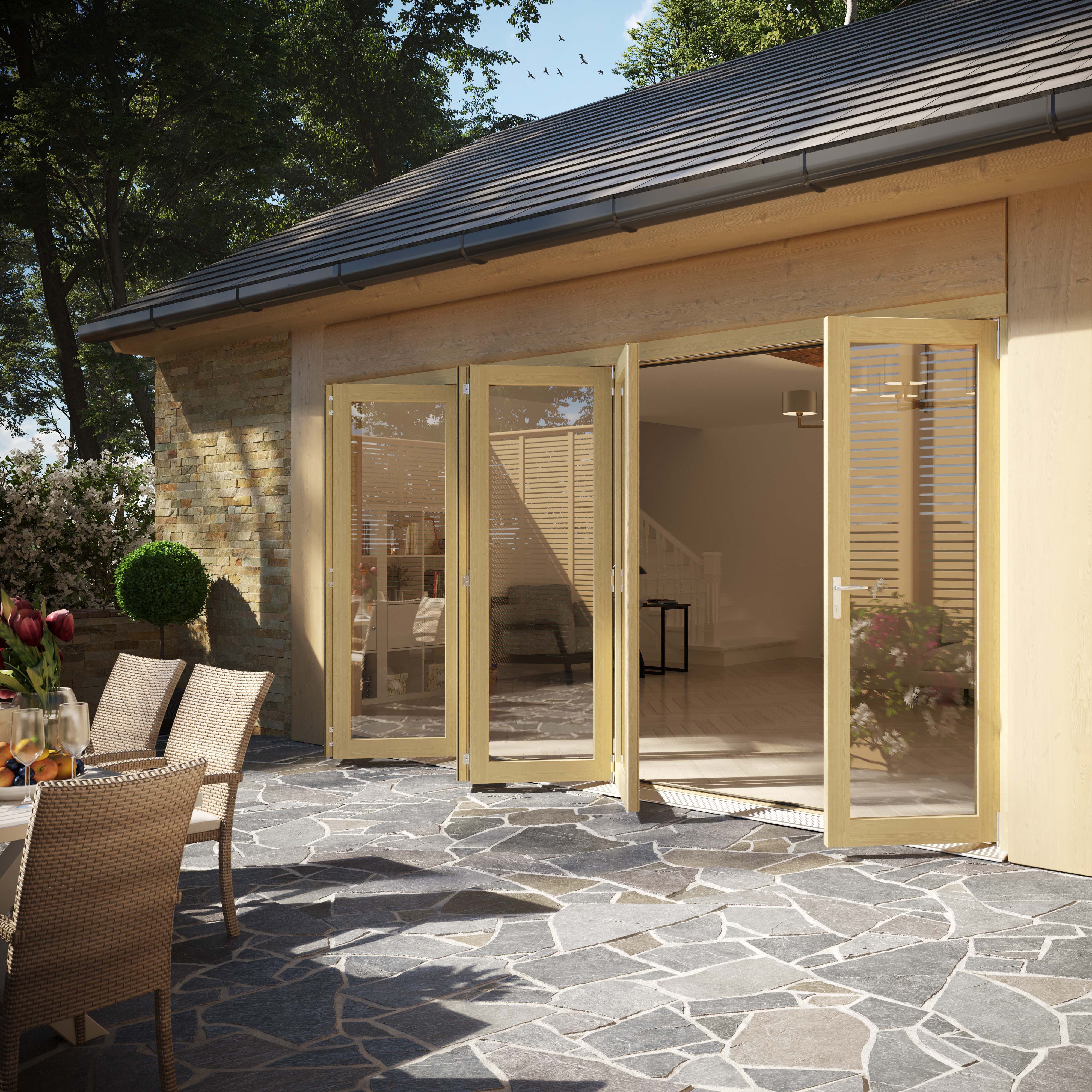 Clear Glazed Softwood Clear pine veneer External Modern 6 5L1R / 5R1L Sliding Bi-fold Patio door, (H)2090mm (W)4190mm