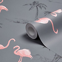 Colours Charcoal & pink Flamingo Mica effect Smooth Wallpaper