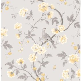 Colours Dorthea Grey & yellow Floral Mica effect Smooth Wallpaper Sample