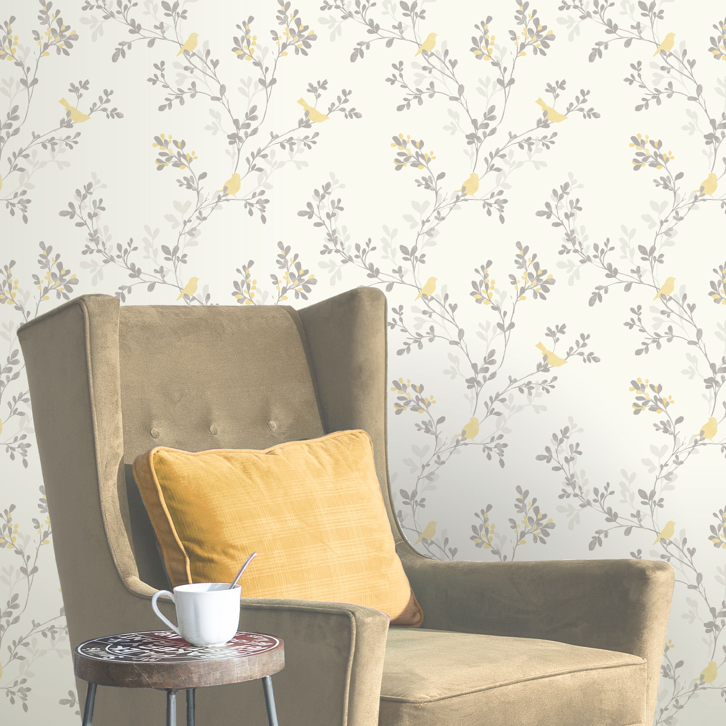 Colours Nadia Soft lemon Birds & foliage Mica effect Smooth Wallpaper Sample