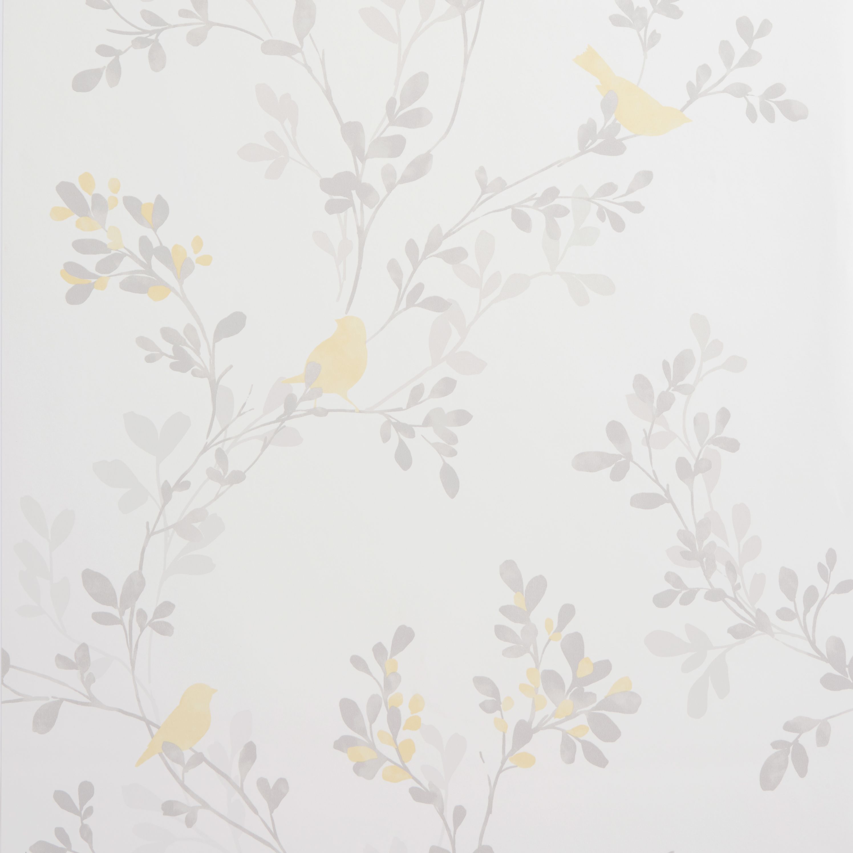 Colours Nadia Soft lemon Birds & foliage Mica effect Smooth Wallpaper Sample