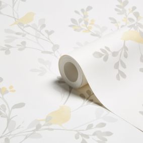 Colours Nadia Soft lemon Mica effect Birds & foliage Smooth Wallpaper Sample