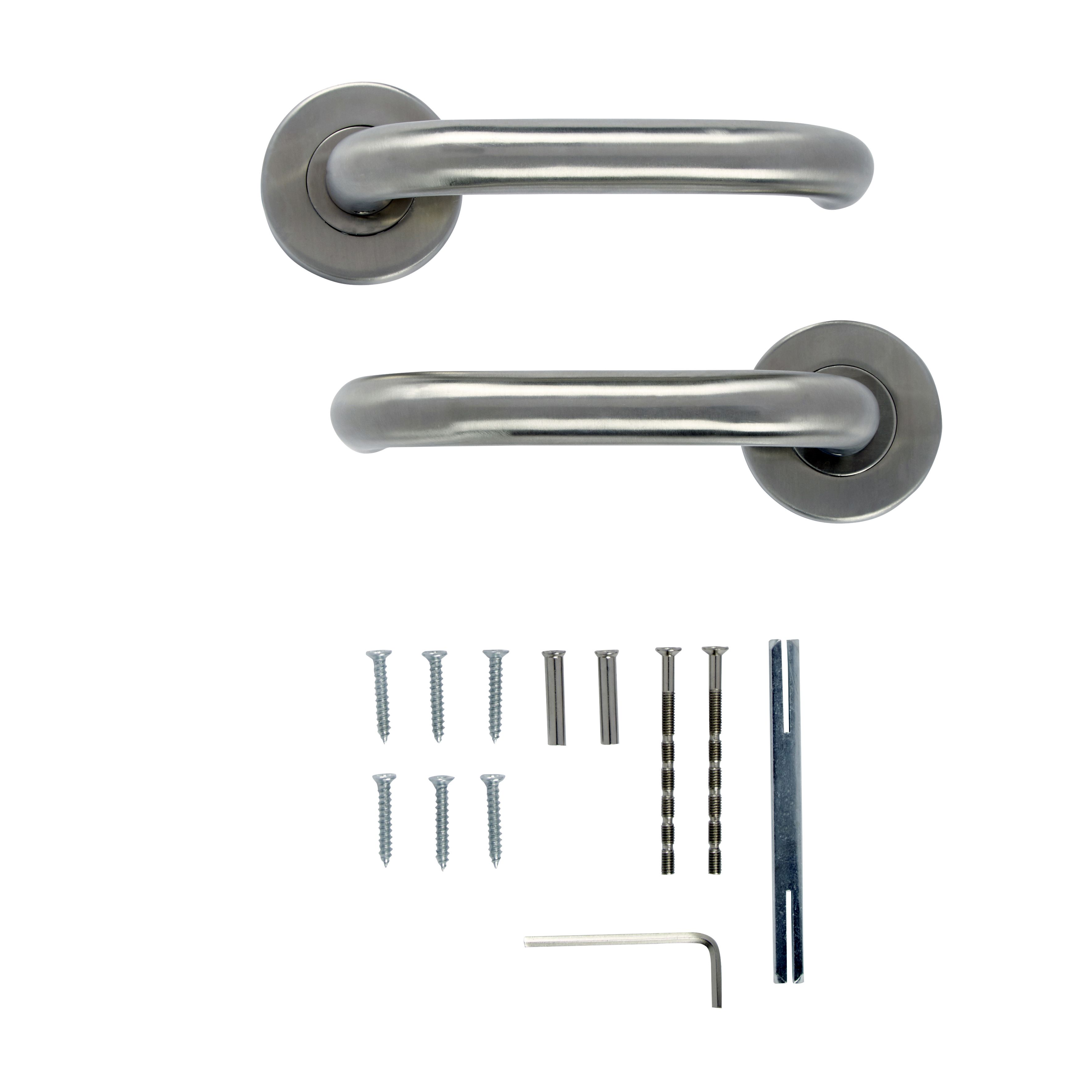 Colours Quéant Brushed Nickel effect Stainless steel Straight Latch Push-on rose Door handle (L)140mm, Pair