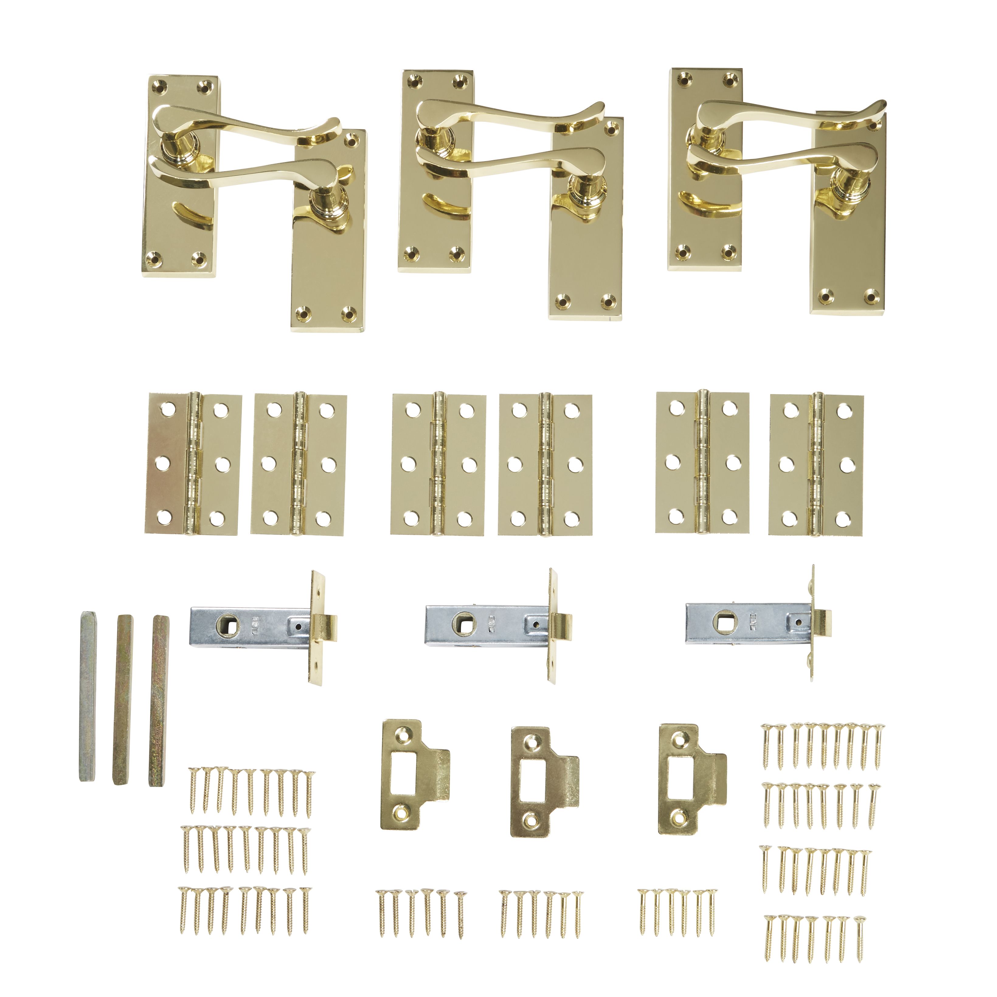 Colours Toen Polished Brass effect Aluminium Scroll Latch Door handle (L)99mm, Pack of 3