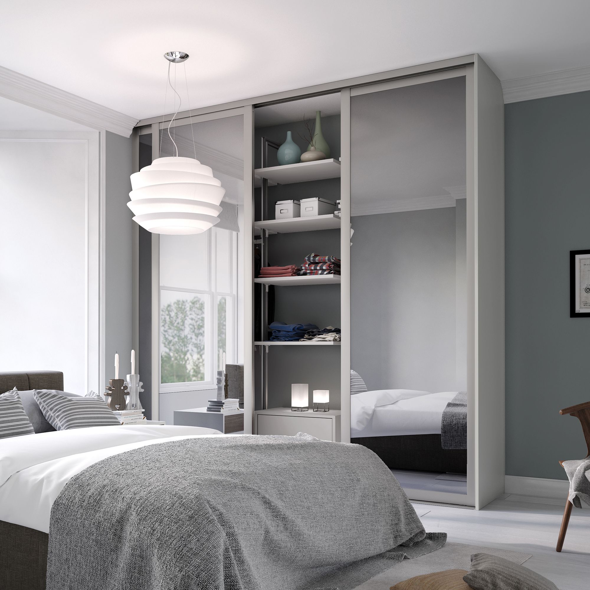 Contemporary Shaker Mirrored Dove grey 3 door Sliding Wardrobe Door kit (H)2260mm (W)1680mm