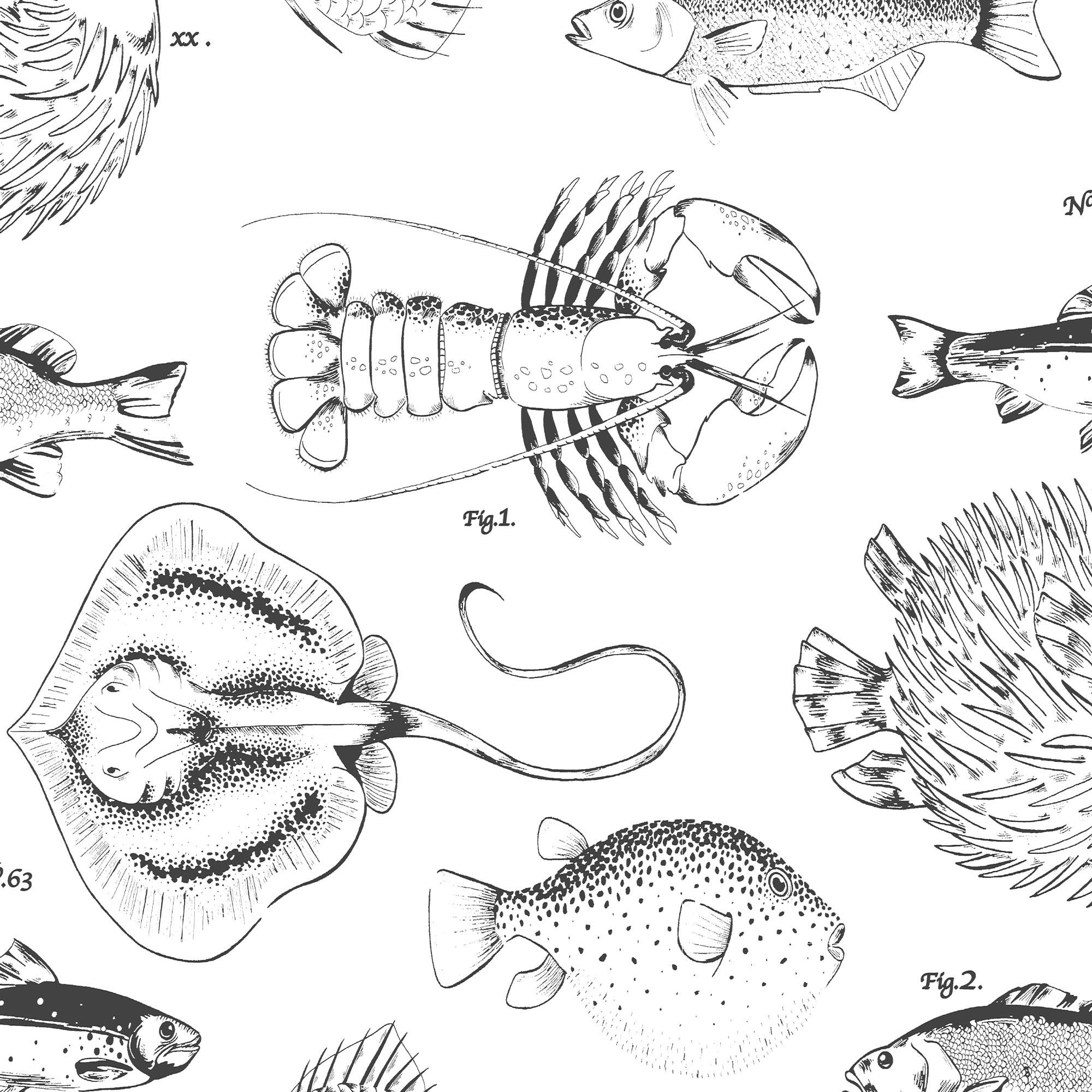 Contour White Monochrome effect Ocean life Smooth Wallpaper Sample