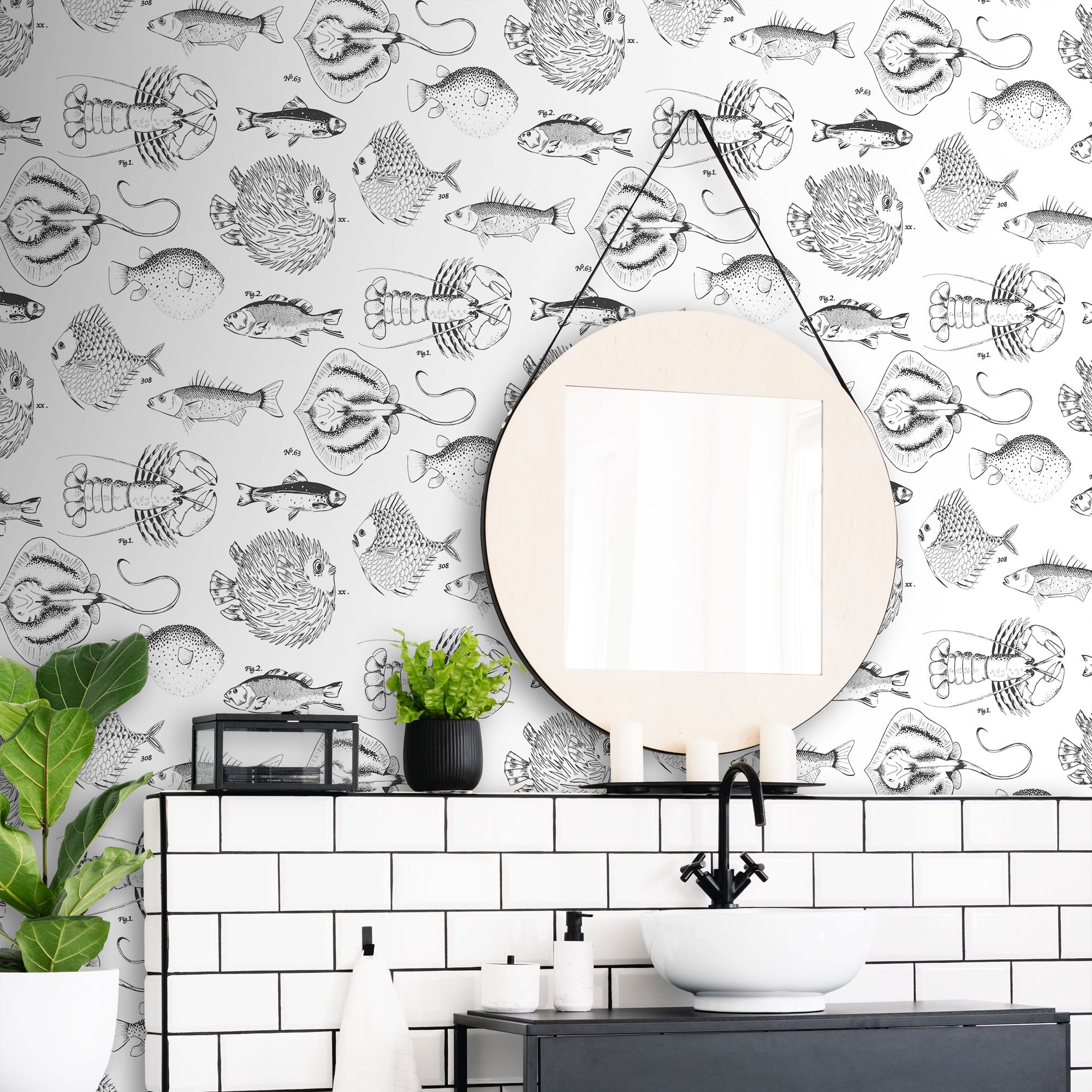 Contour White Monochrome effect Ocean life Smooth Wallpaper Sample
