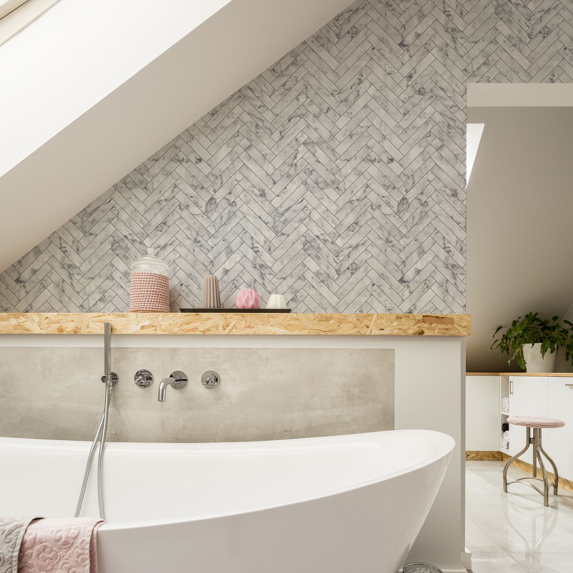Contour White Tile effect Marble chevron Textured Wallpaper Sample