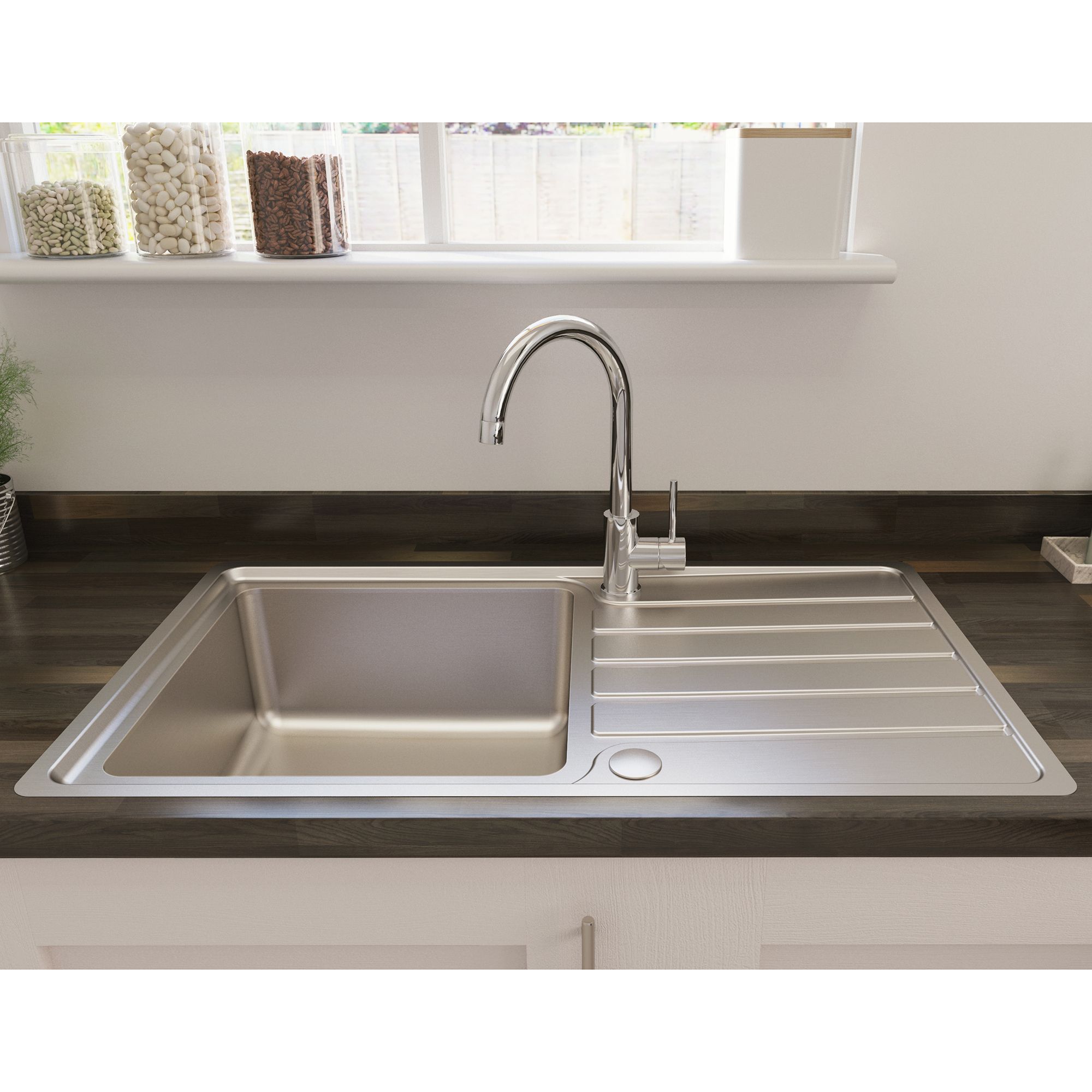 Cooke Lewis Apollonia Brushed Silver Stainless steel 1 Bowl Sink drainer 500mm x 864mm