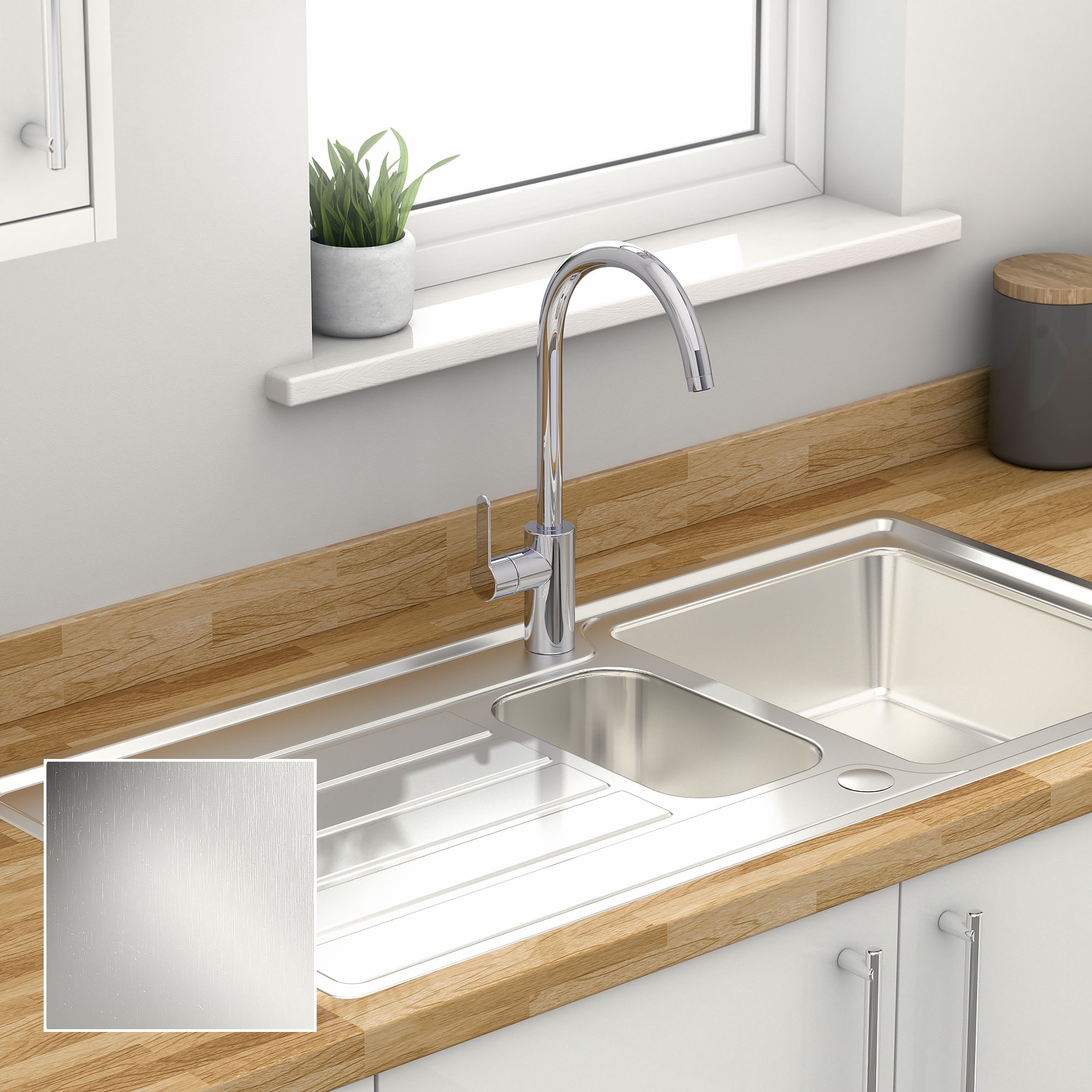 Cooke & Lewis Apollonia Brushed Stainless steel 1.5 Bowl Sink & drainer 500mm x 1004mm