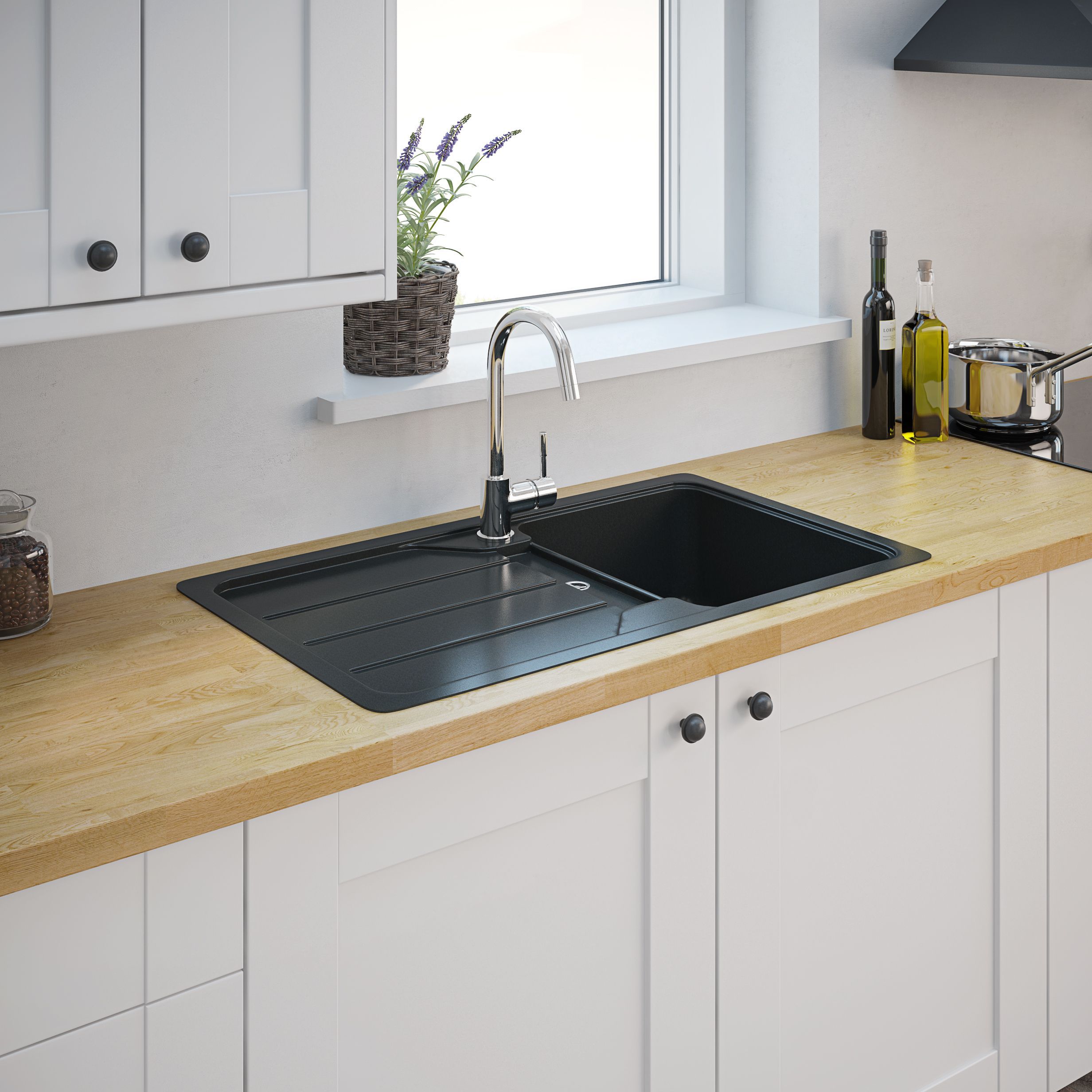Cooke & Lewis Arber Black Composite quartz 1 Bowl Sink & drainer 500mm x 860mm