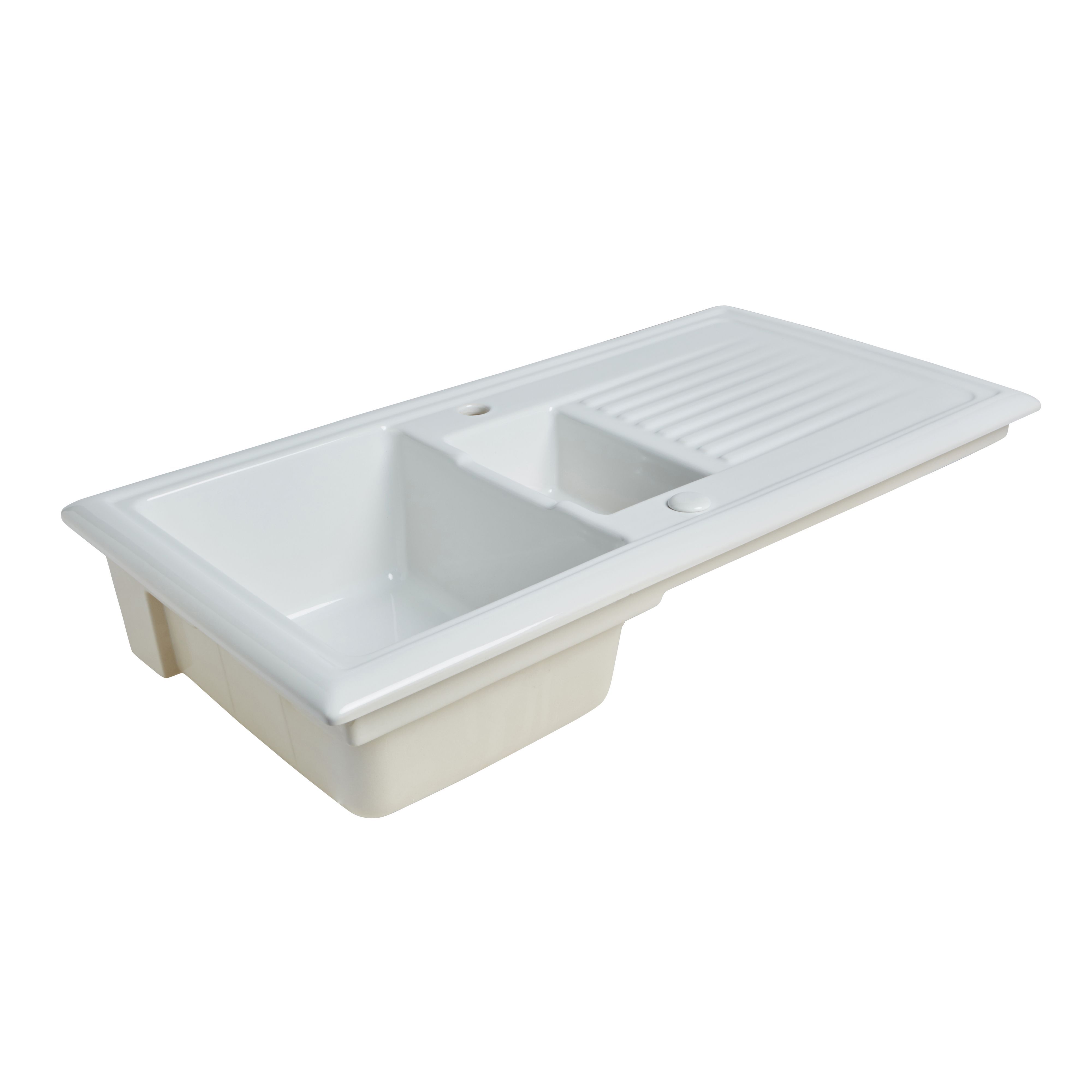Cooke & Lewis Burbank White Ceramic 1.5 Bowl Sink & drainer 525mm x 1010mm