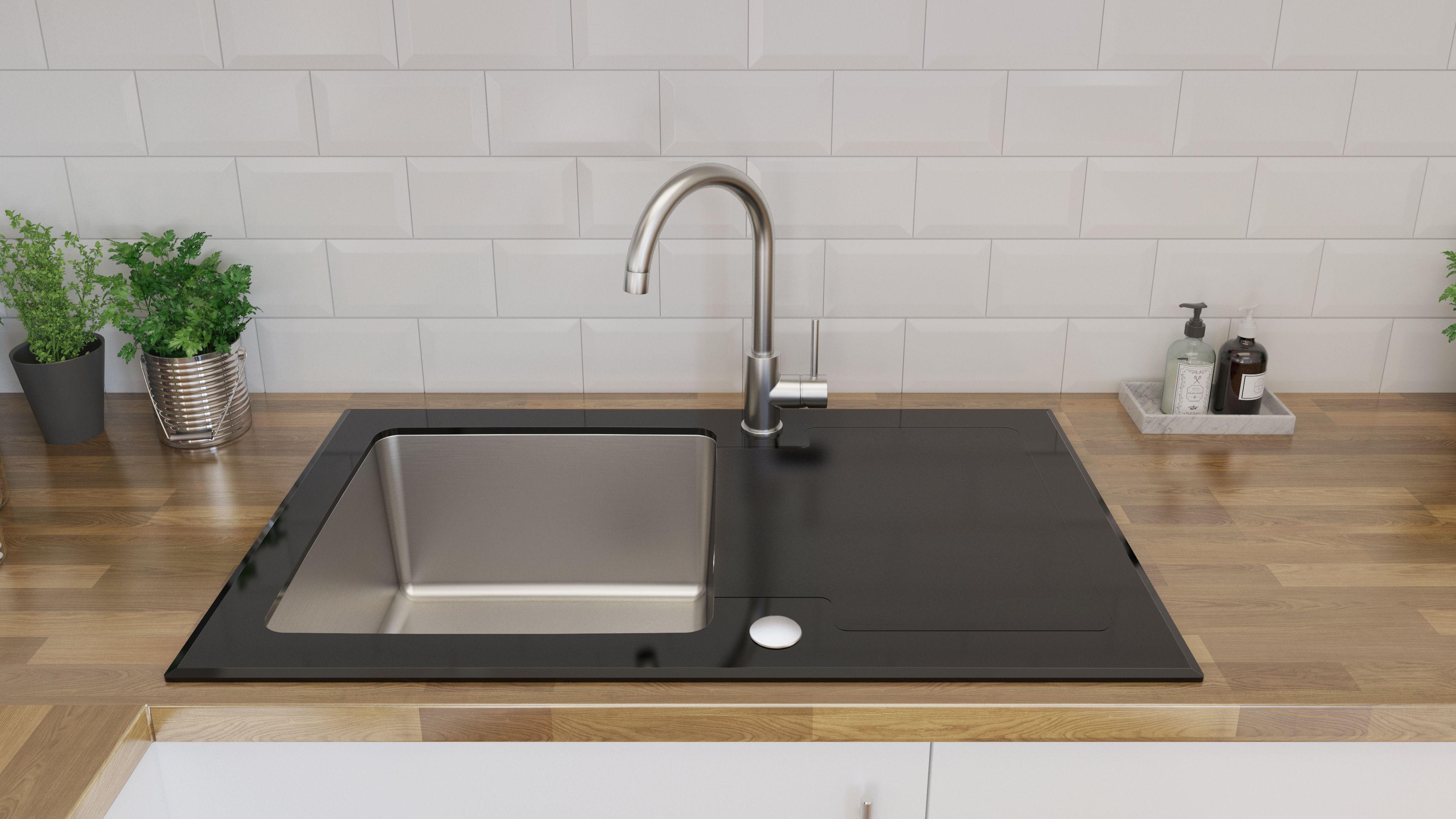 Cooke & Lewis Christianna Black Stainless steel & toughened glass 1 Bowl Sink & drainer 510mm x 860mm