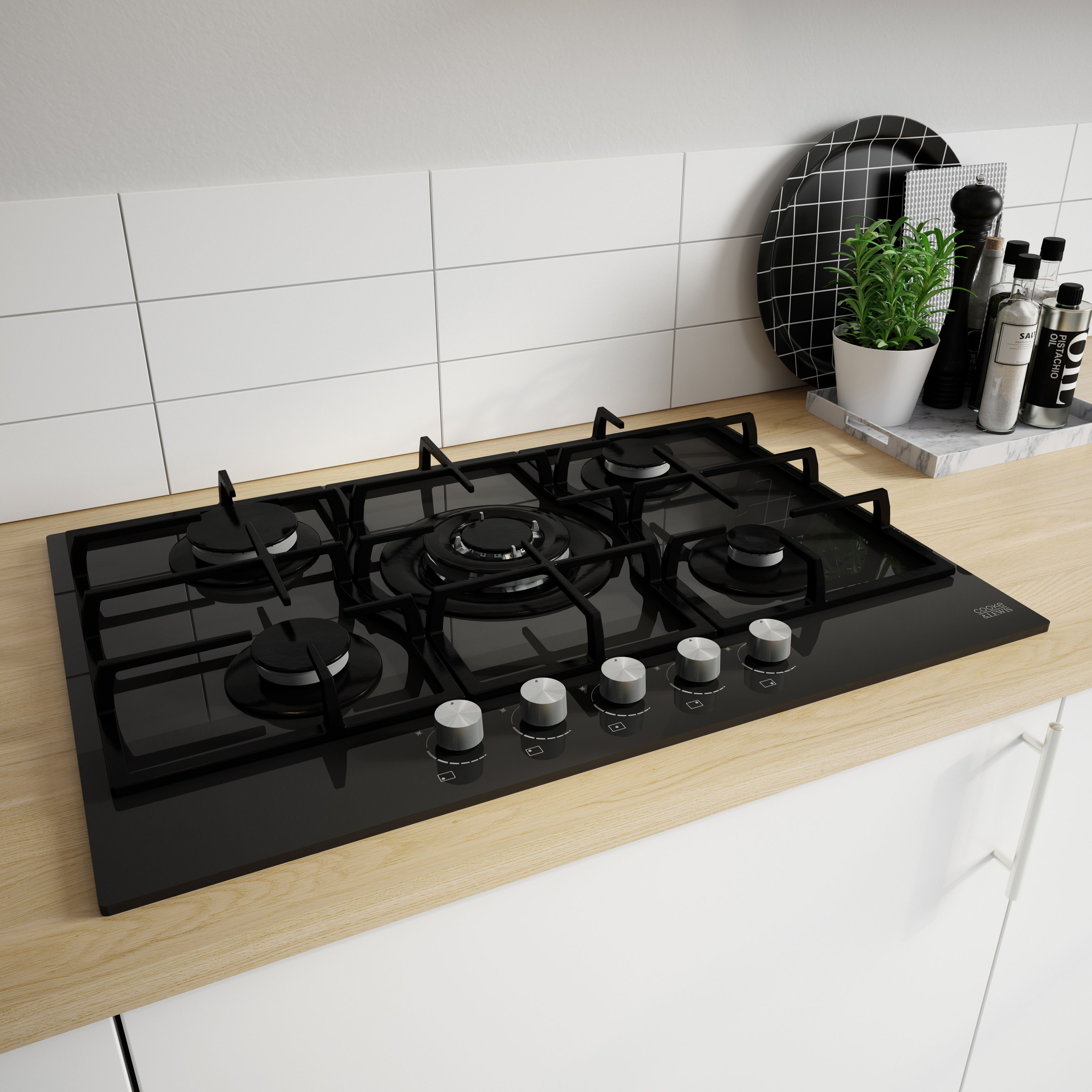 Cooke & Lewis CLGOGUIT5 5 Burner Black Glass Gas Hob, (W)750mm Tradepoint