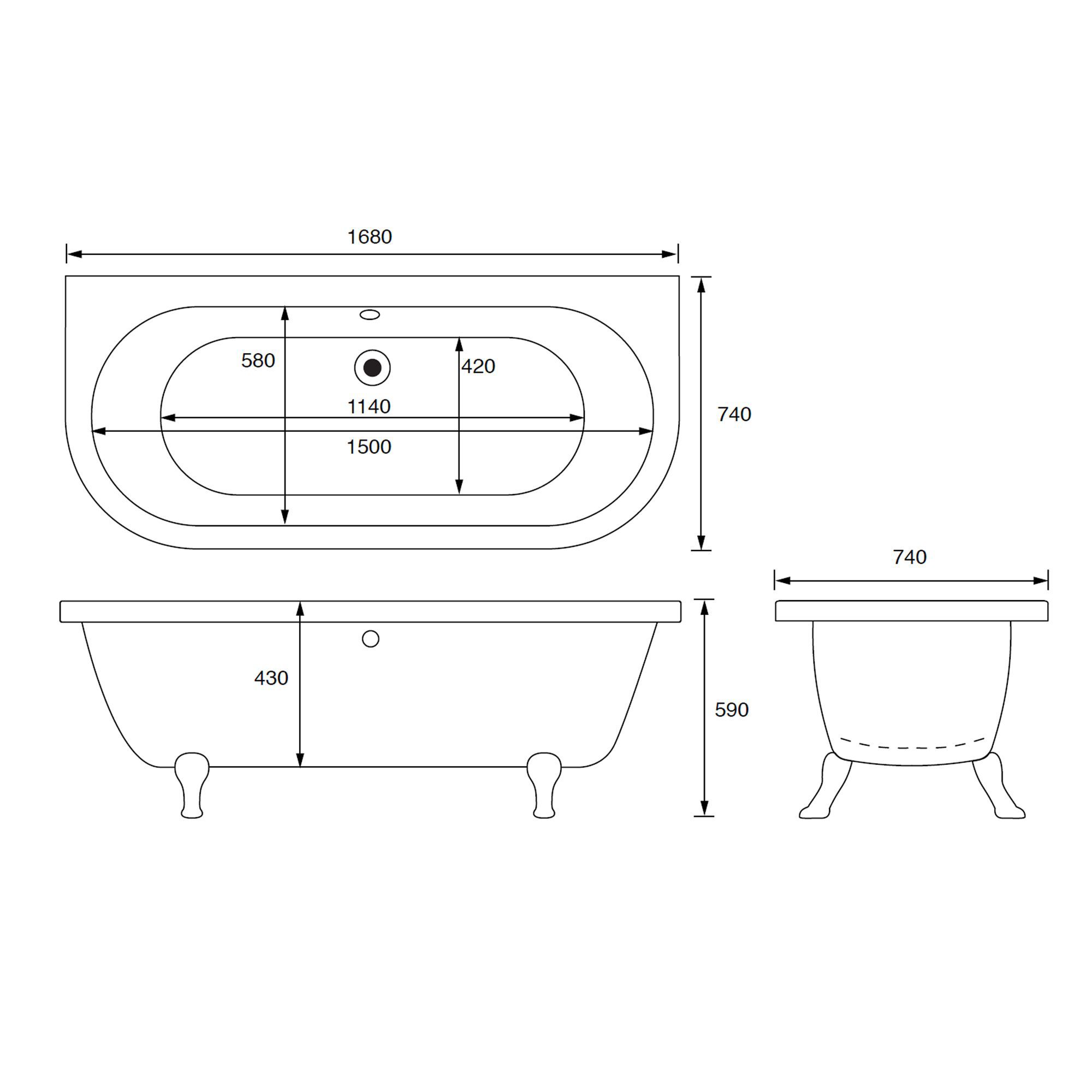 Cooke & Lewis Duchess White Oval Freestanding Bath (L)1680mm (W)740mm