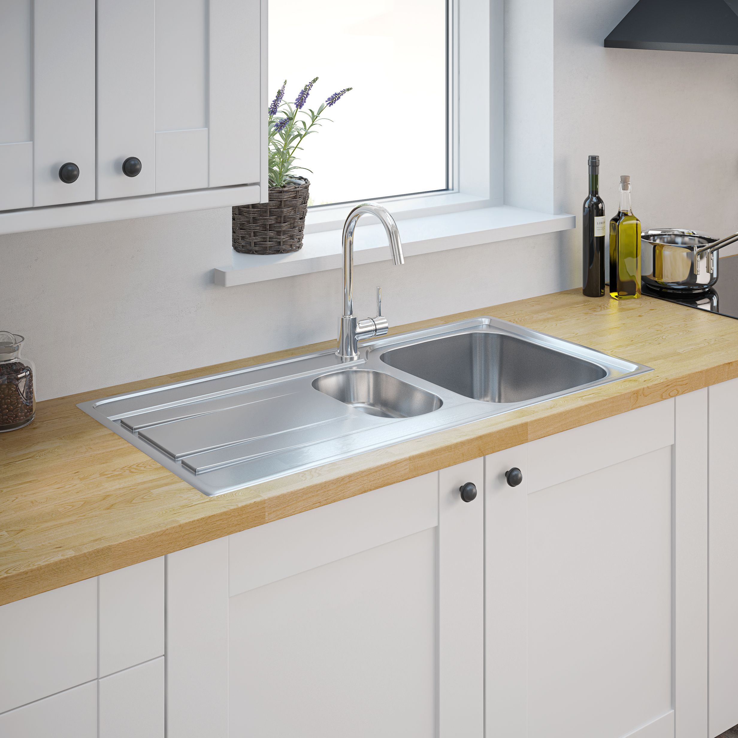 Cooke & Lewis Lyell Linen Inox Stainless steel 1.5 Bowl Sink & drainer 500mm x 1000mm