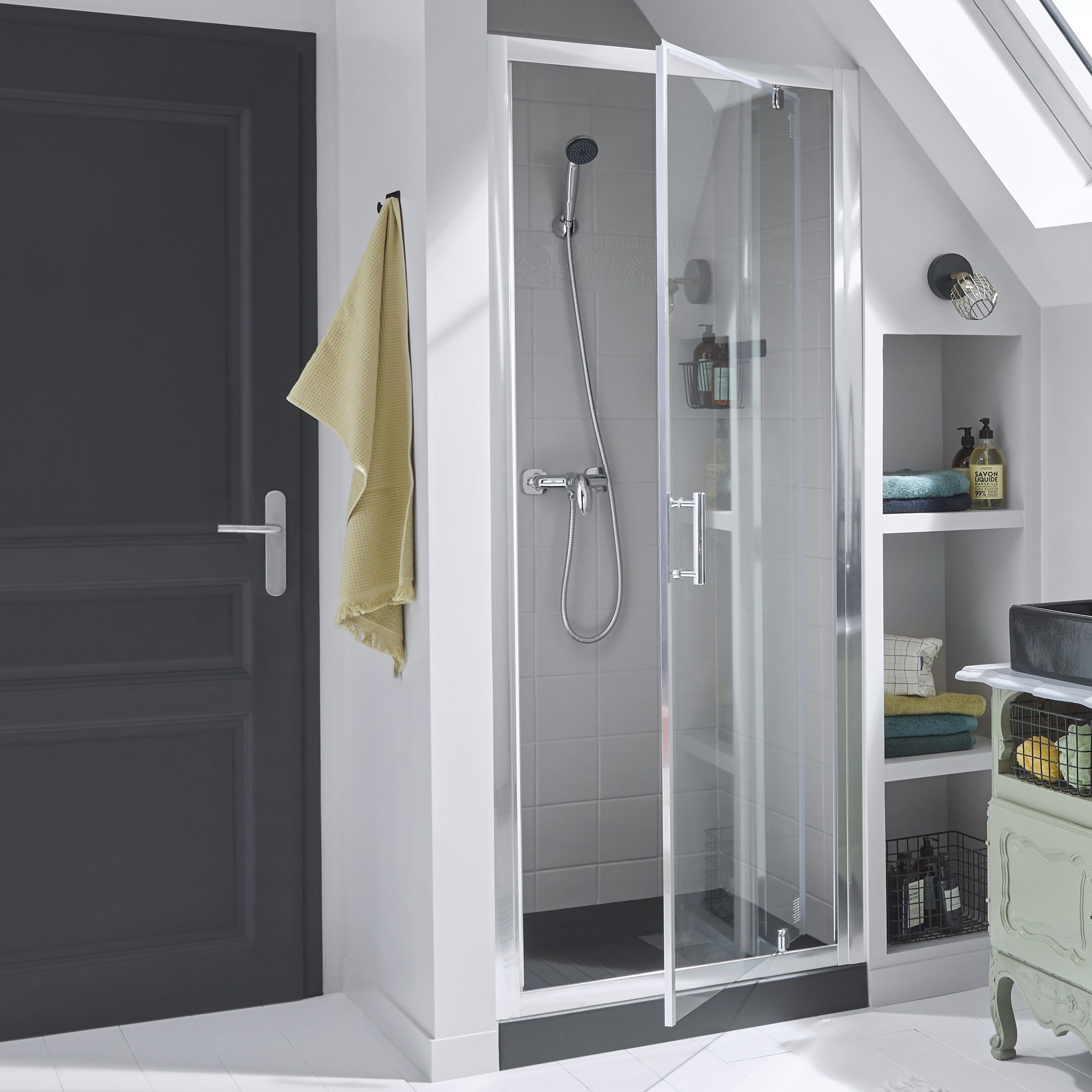 Cooke & Lewis Onega Argenté Silver effect Clear Half open pivot Shower Door (H)190cm (W)80cm