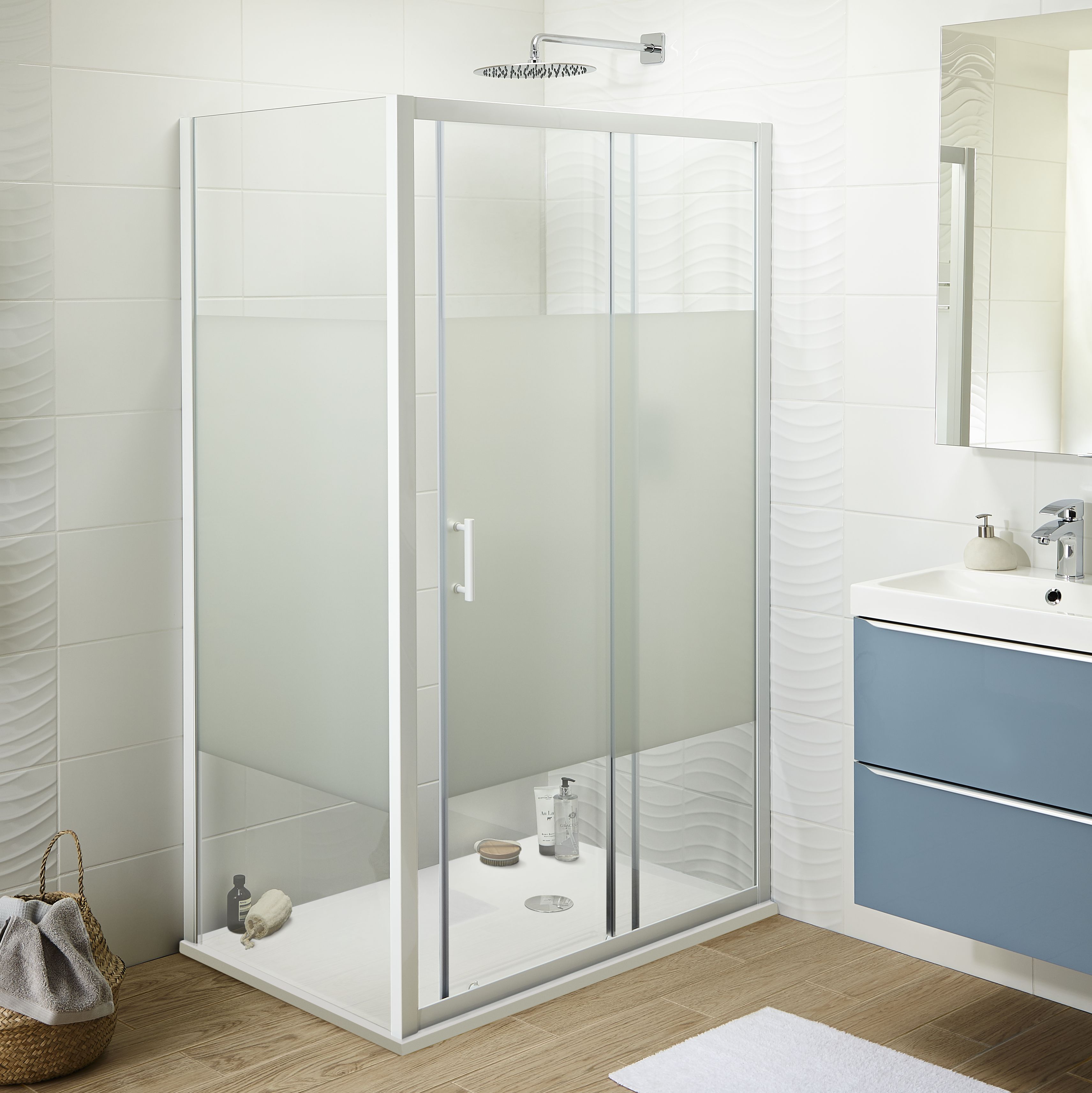 Cooke & Lewis Onega Blanc Frosted Striped pattern Sliding Shower Door (H)190cm (W)120cm