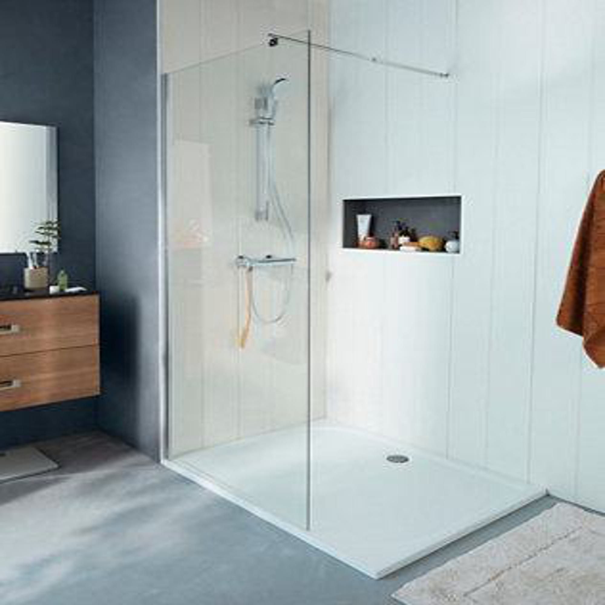 Cooke & Lewis Onega Chrome effect Clear Walk-in Wet room glass screen & bar (H)195cm (W)90cm