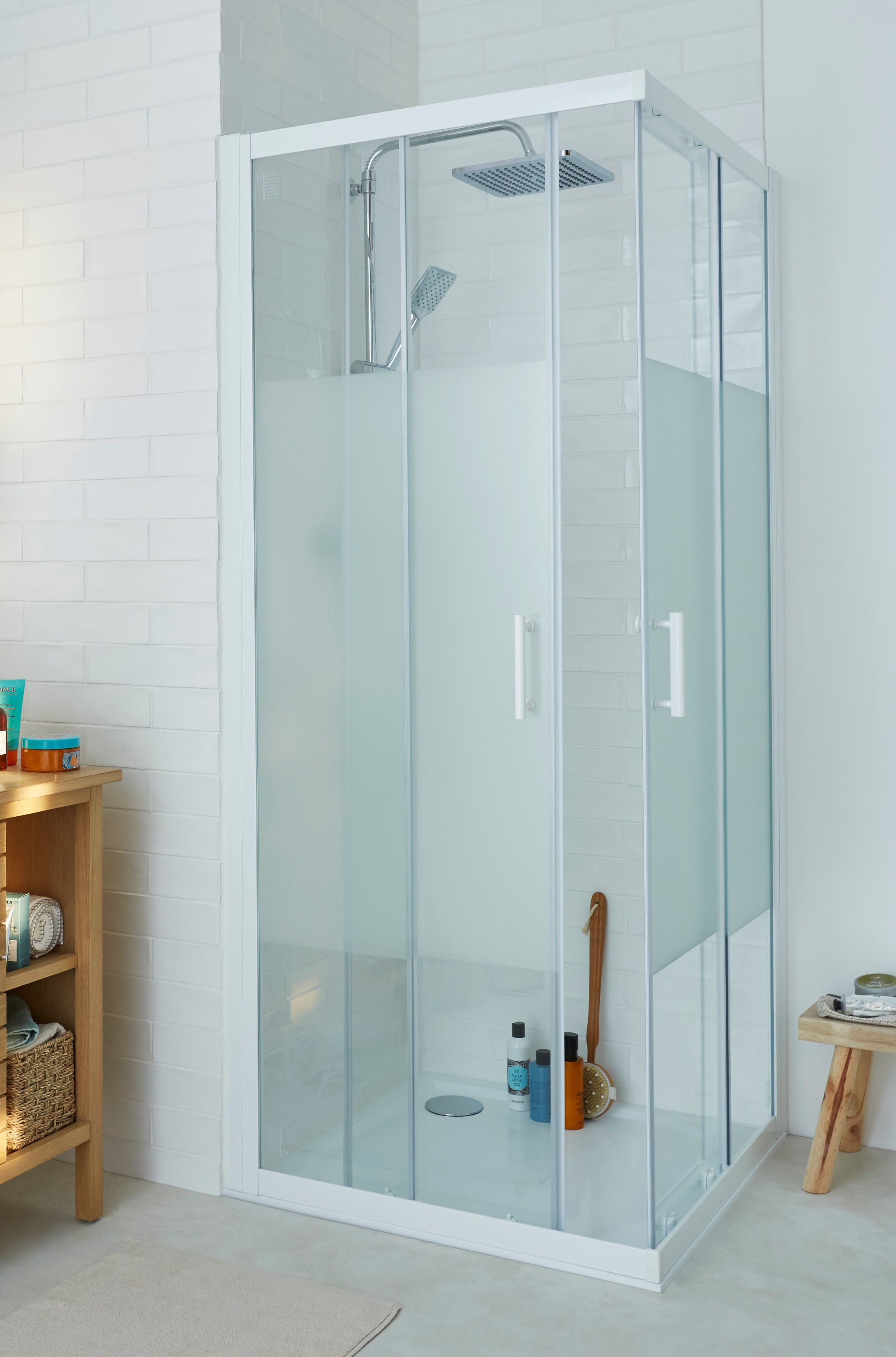 Cooke & Lewis Onega Framed Frosted Square Shower enclosure - Corner entry double sliding door (W)80cm (D)80cm