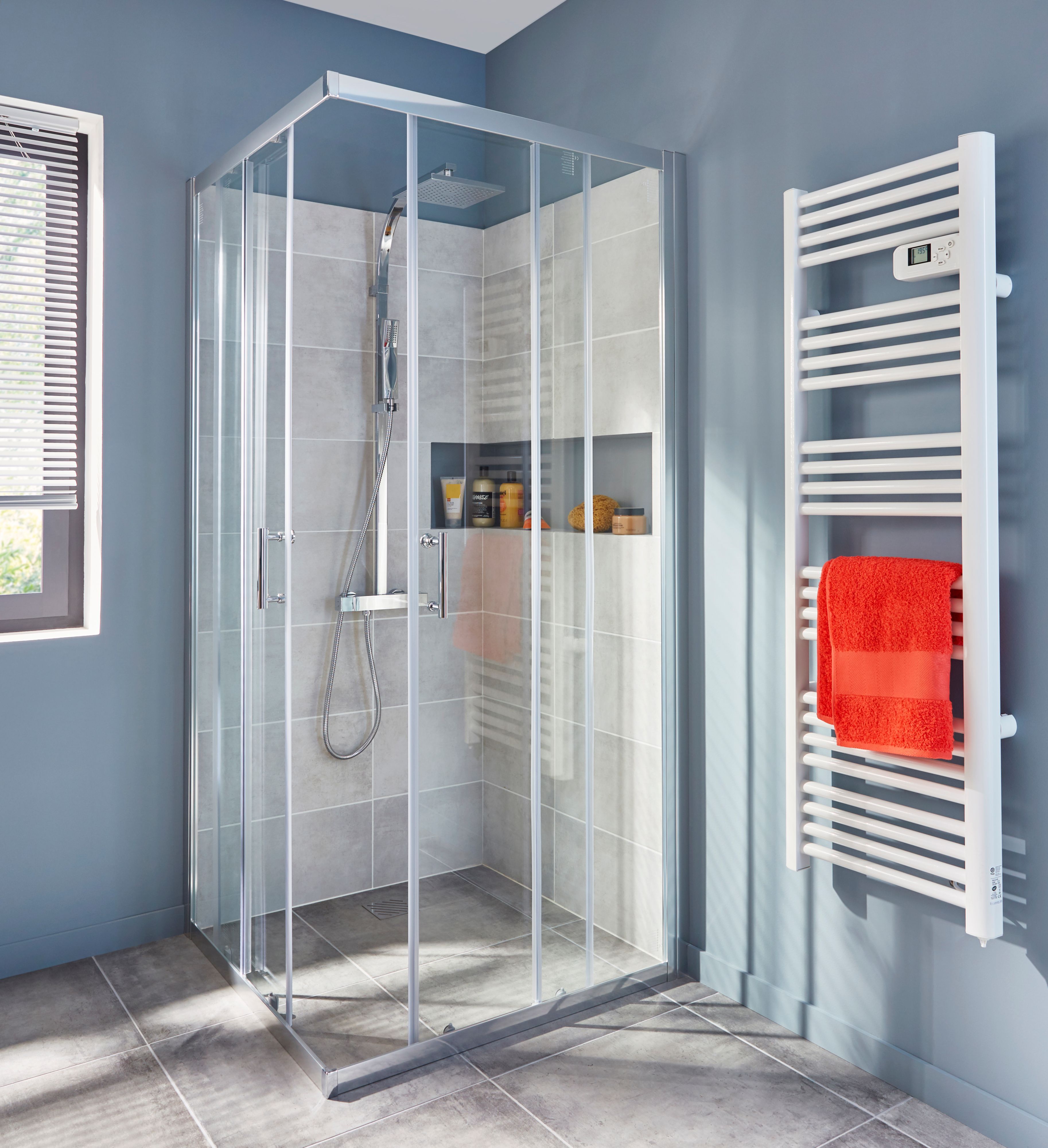 Cooke & Lewis Onega Framed Transparent Silver effect Square Shower enclosure - Corner entry double sliding door (W)90cm (D)90cm