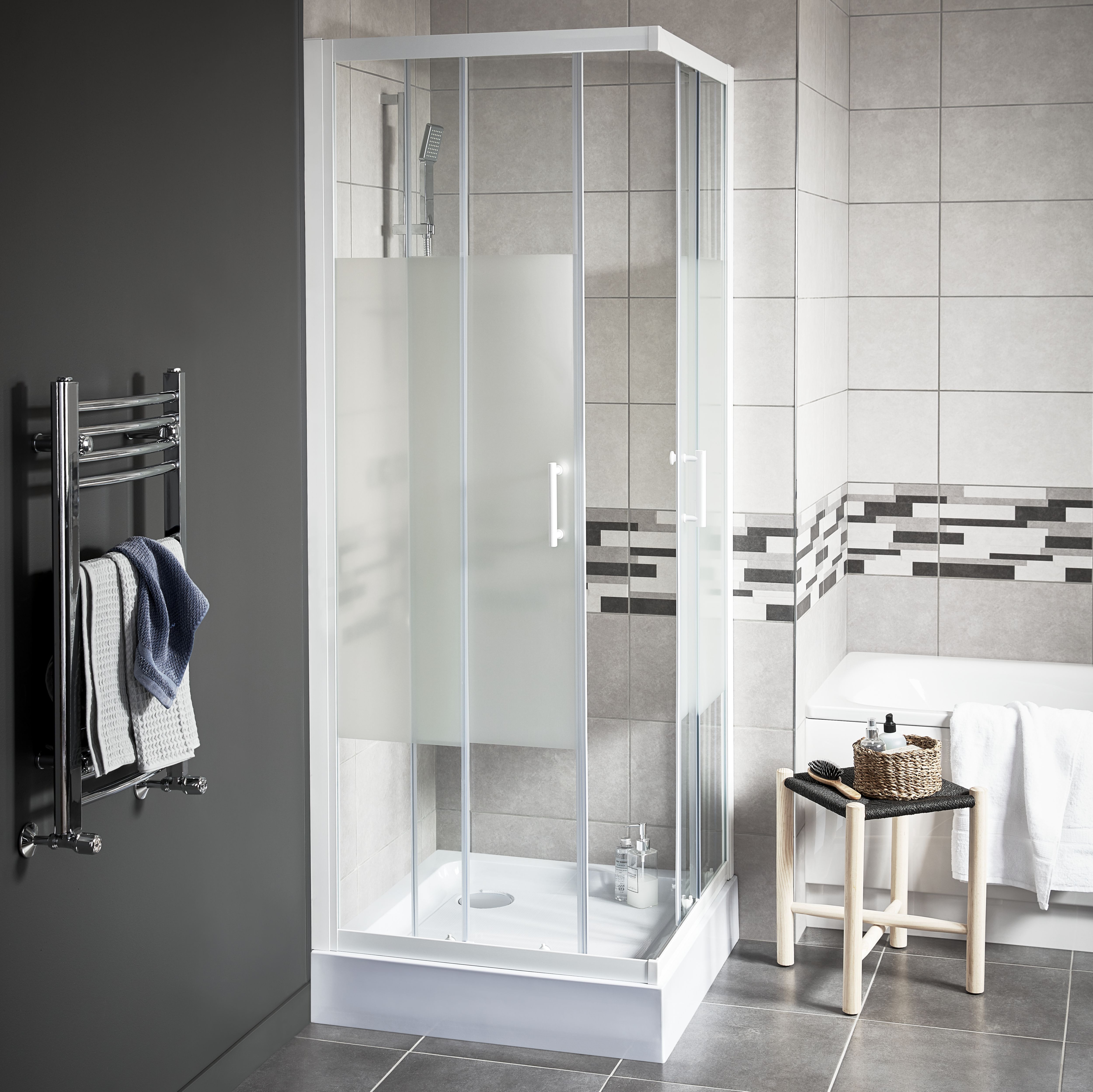 Cooke & Lewis Onega Frosted Universal Square Shower enclosure with Corner entry double sliding door (W)76cm (D)76cm