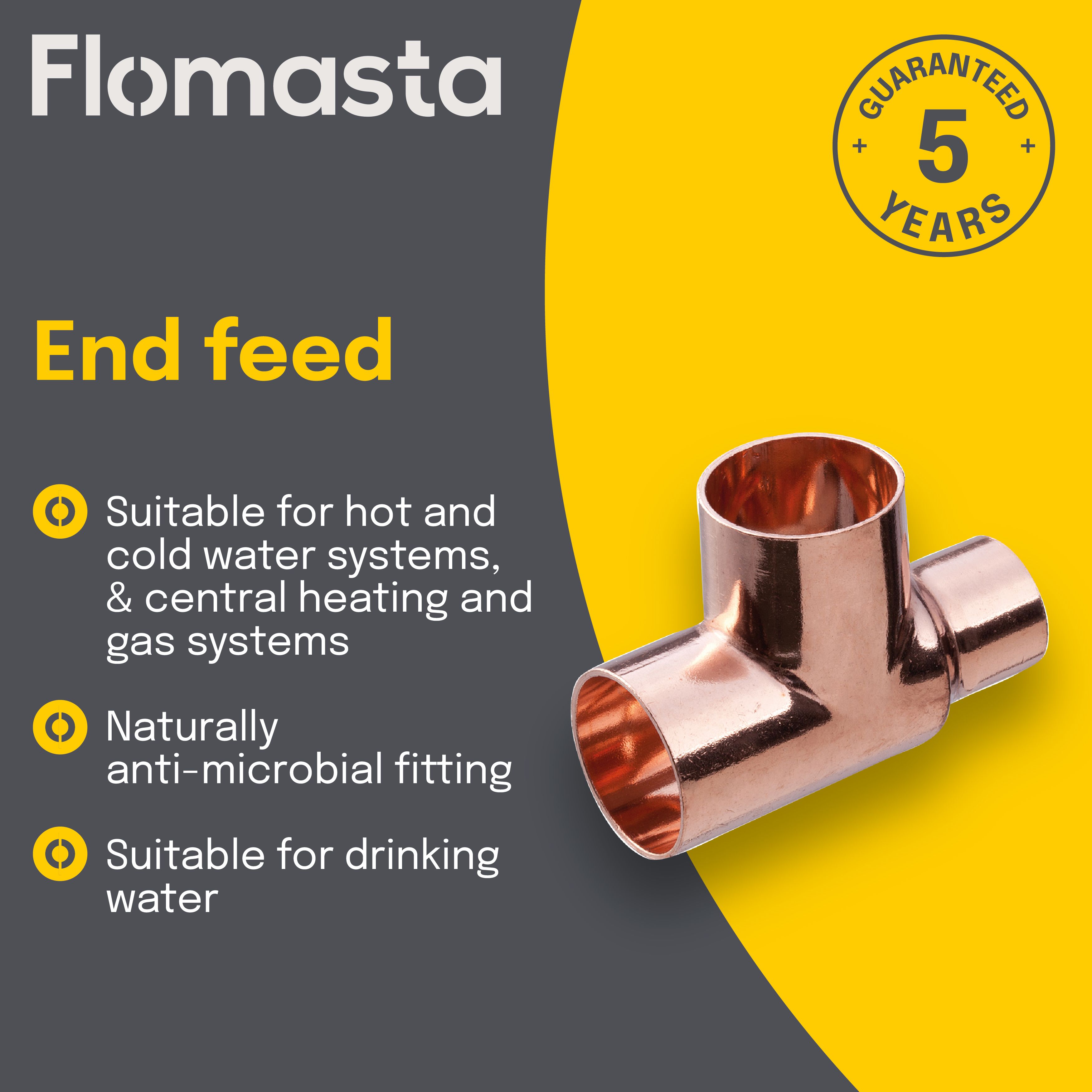 Copper End feed Reducing Tee (Dia) 22mm x 15mm x 22mm