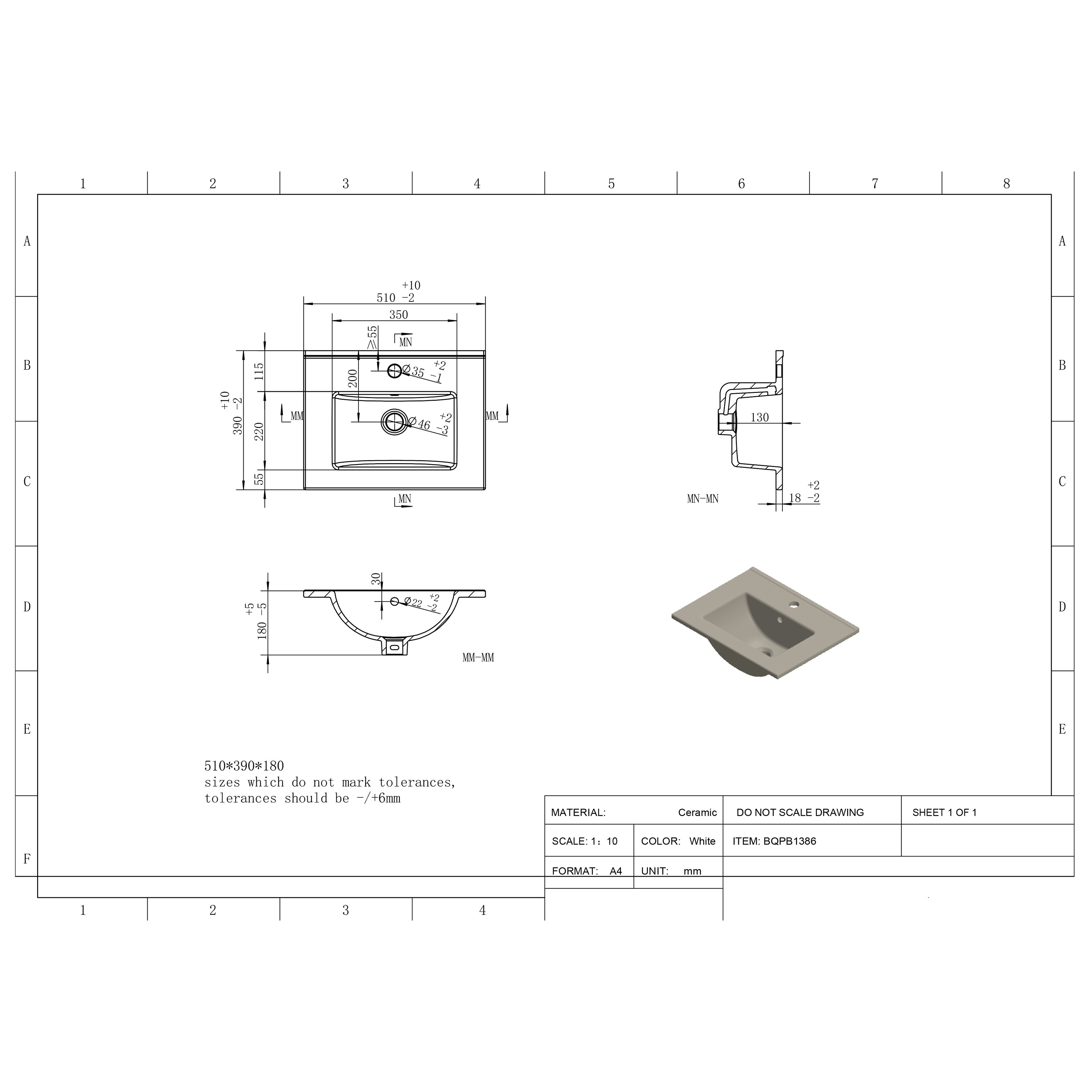 Cosmos 510 Gloss White Rectangular Single Vanity Basin (W)51cm