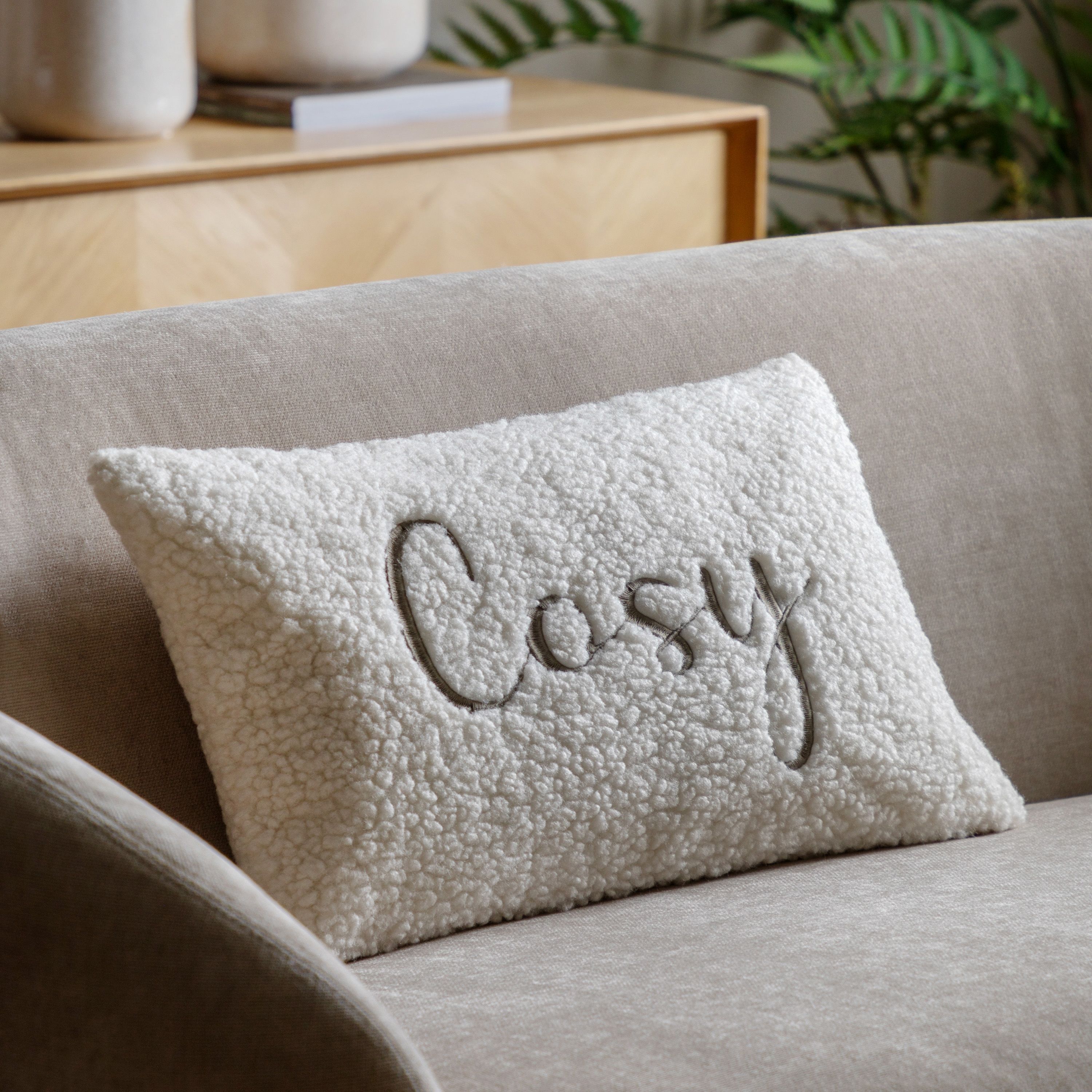 Cosy Taupe Boucle Bouclette effect Indoor Christmas Cushion, (L)30cm x (W)50cm