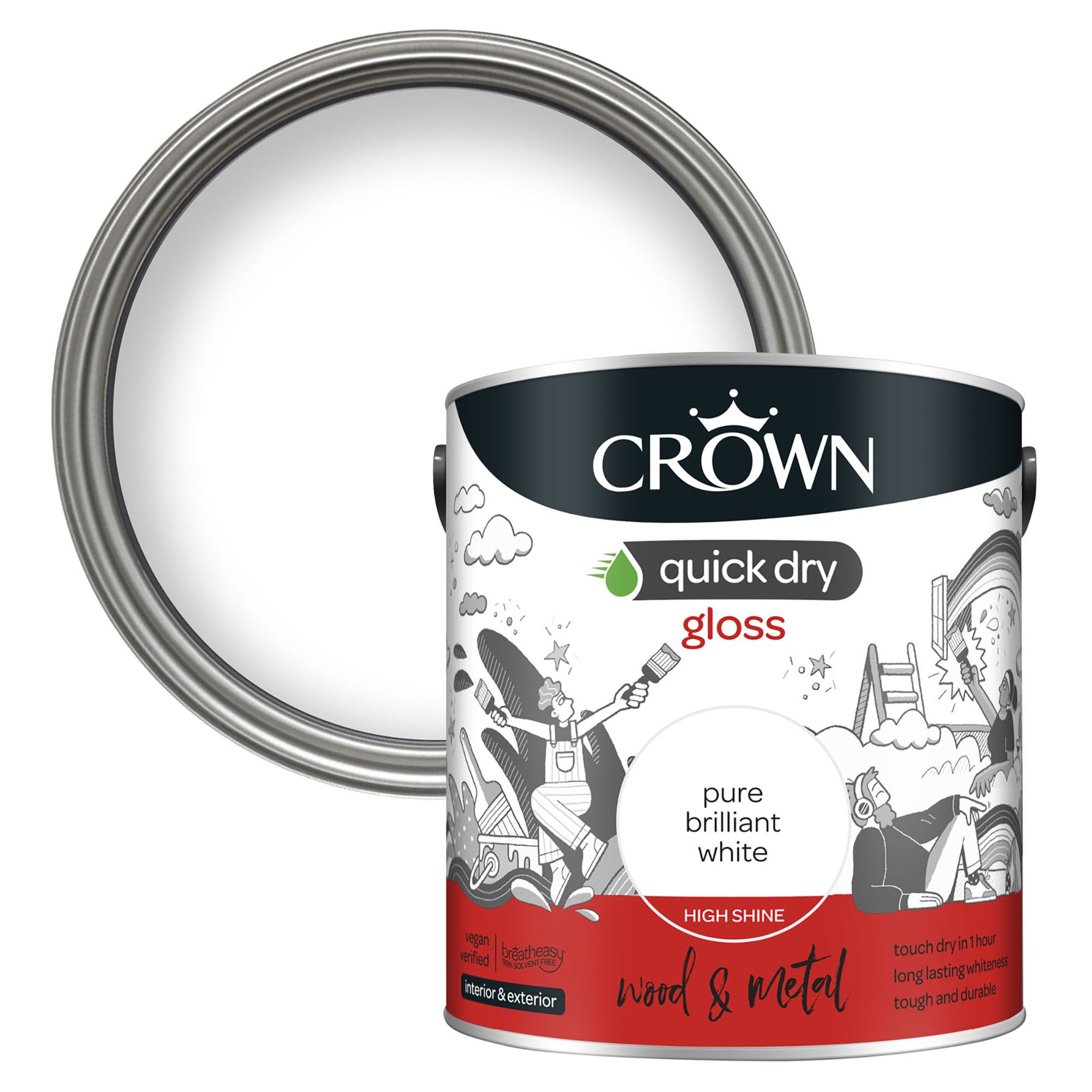 Product image for Crown Quick Dry Pure Brilliant White Gloss Metal & wood Paint, 2.5L