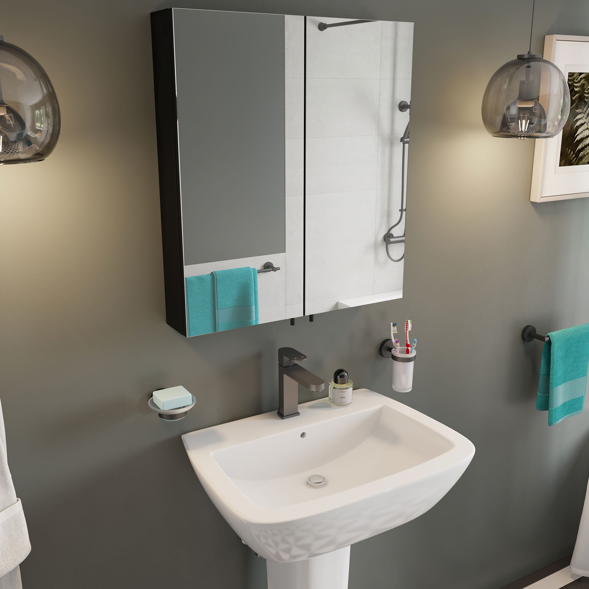 Croydex Dawley Matt Black Wall-mounted Double Bathroom Cabinet (H)67cm (W)60cm