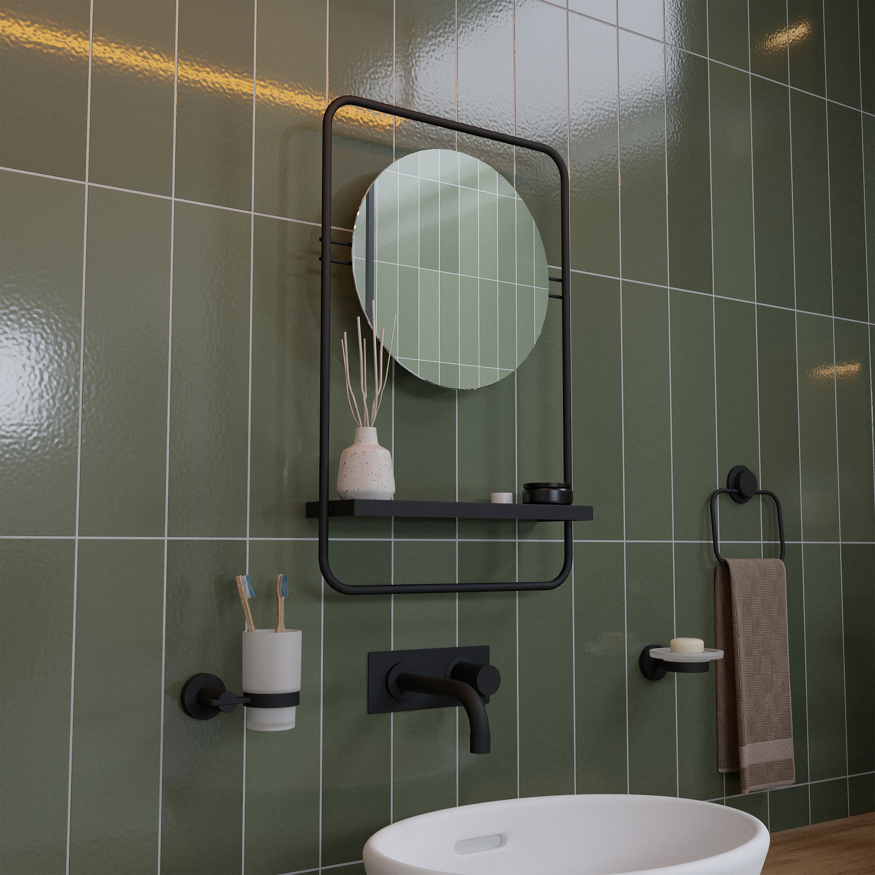 Croydex Furtzon Matt Black Round Wall-mounted Any room Mirror (H)64.2cm (W)12cm