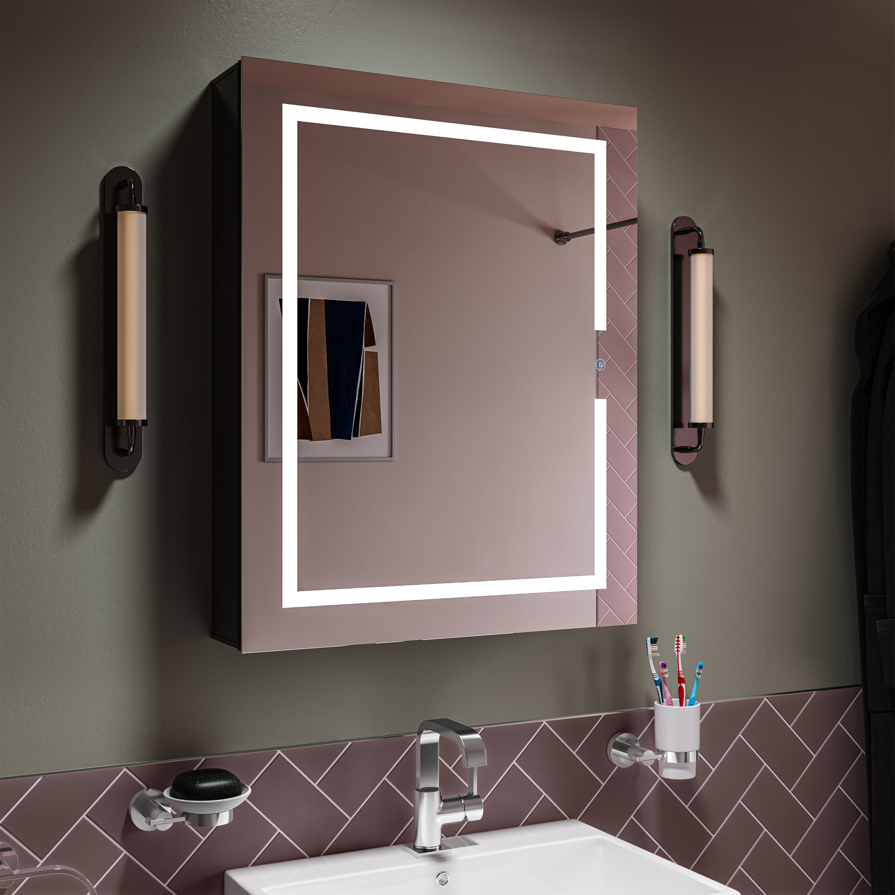 Croydex Hang 'n' Lock Vandalia Gloss Wall-mounted Illuminated Mirrored Bathroom Cabinet (W)610mm (H)760mm