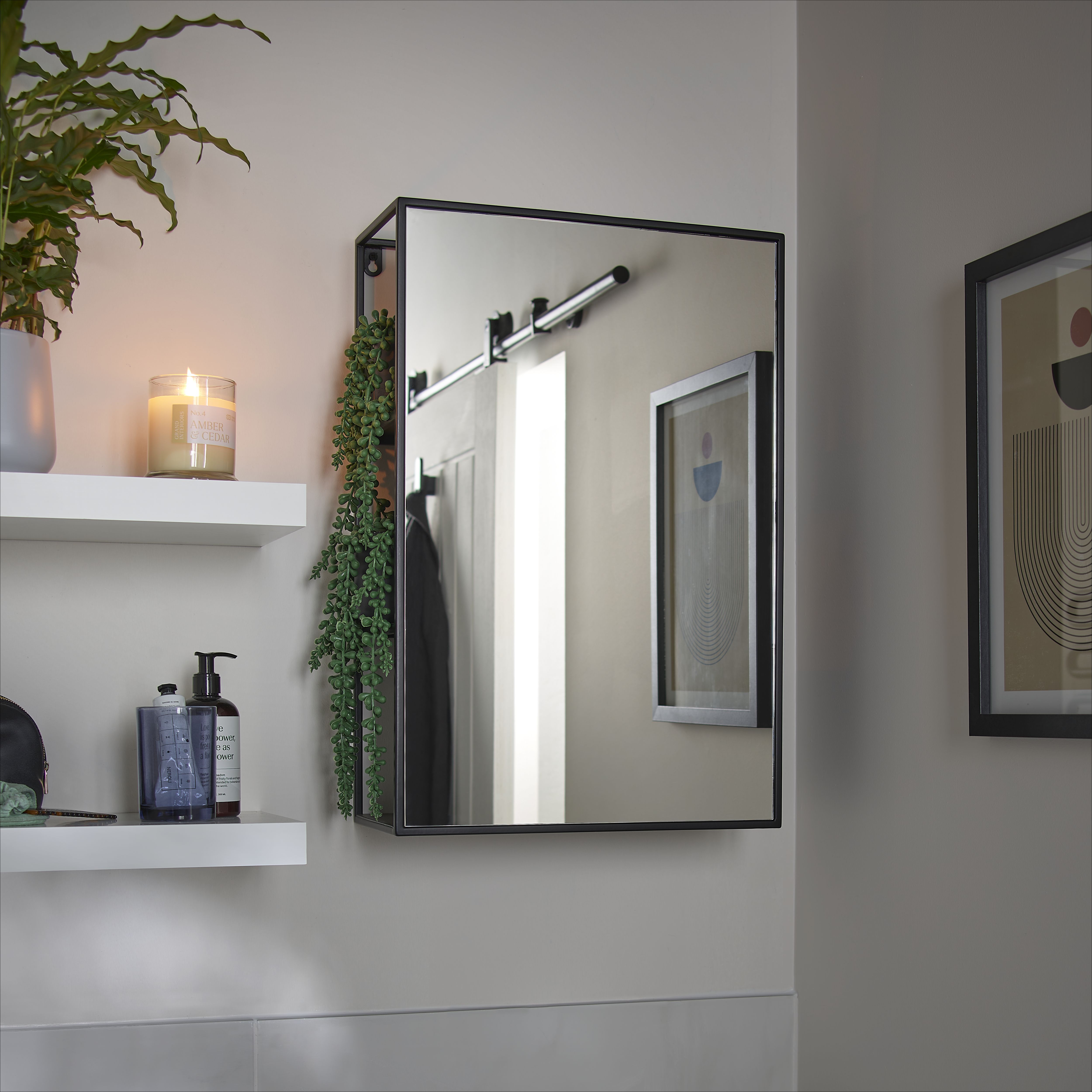 Croydex Matt Black Mirror effect Steel Rectangular Wall-mounted Bathroom Shelving (D)17.9cm (H)60cm (L)40cm