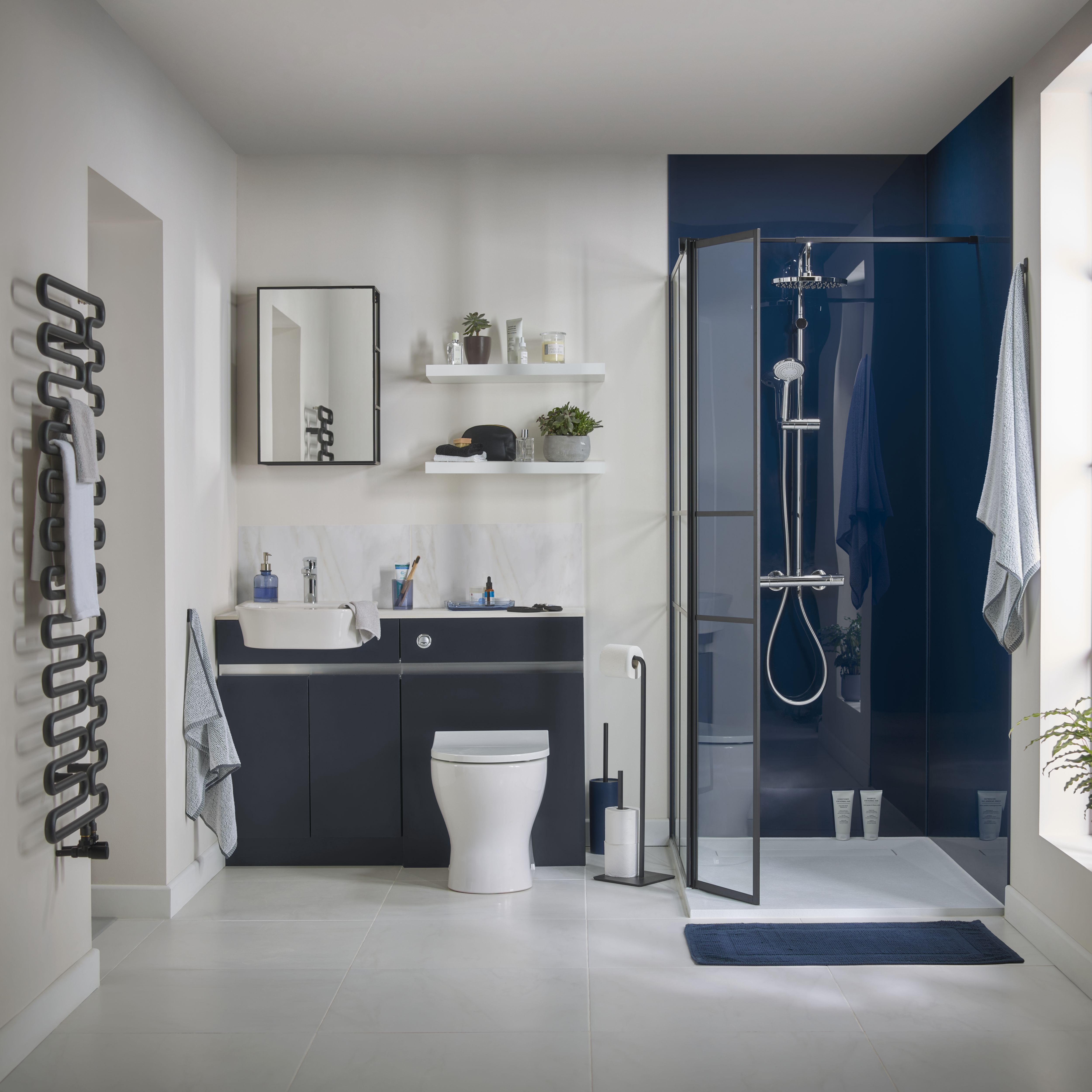 Croydex Matt Black Mirror effect Steel Rectangular Wall-mounted Bathroom Shelving (D)17.9cm (H)60cm (L)40cm